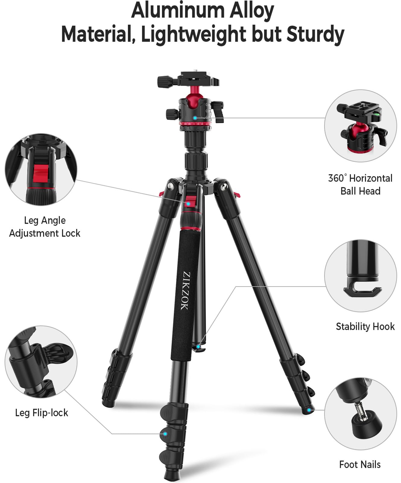 Zikzok 70" Tripod For Camera, Professional Aluminum Camera Tripod & Monopod With 360° Ball Head, Adjustable Lightweight Travel Tripod For Phone,Dslr,Tablet With Carry Bag