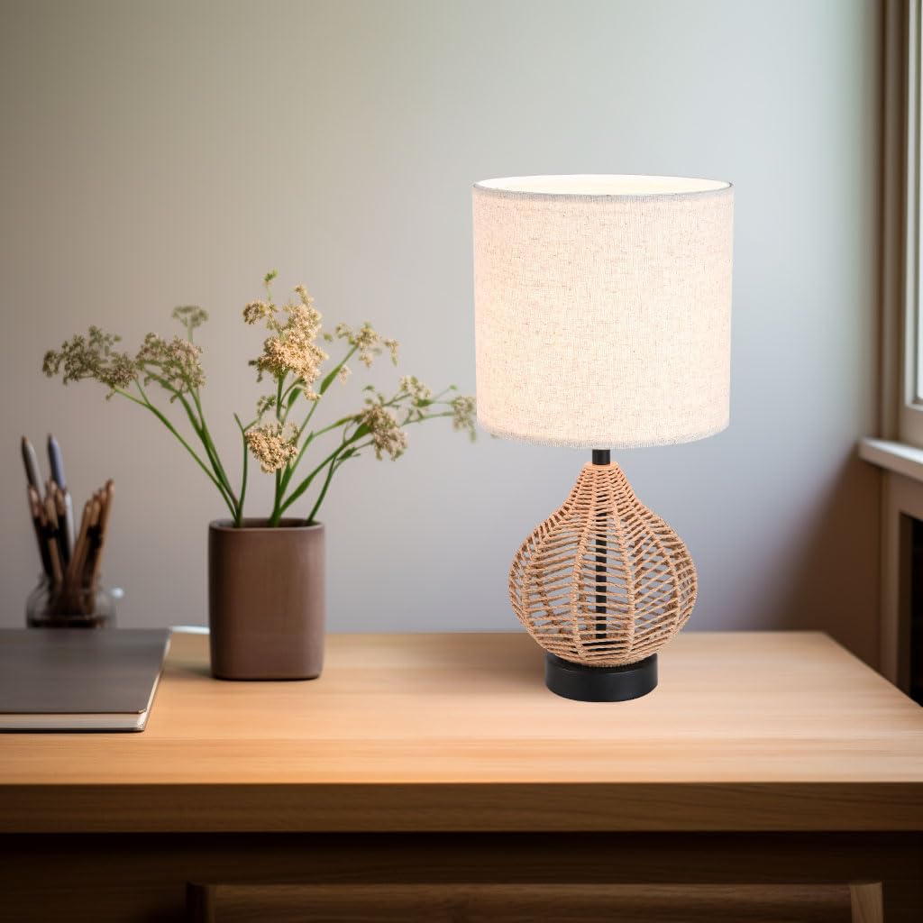 Kunjoulam Retro Rattan Table Lamp, Small Nightstand Lamp With Linen Fabric Lampshade, Wicker Bedside Lamp For Bedroom Living Room Home Office Decor