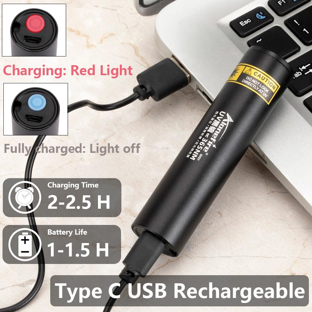 Alonefire Sv57 3W Small Uv Flashlight 365Nm Type C Usb Rechargeable Ultraviolet Mini Black Light Stain Minerals Money Pet Urine Detector With Charging Indicator, Aluminium Case, Built-In Battery
