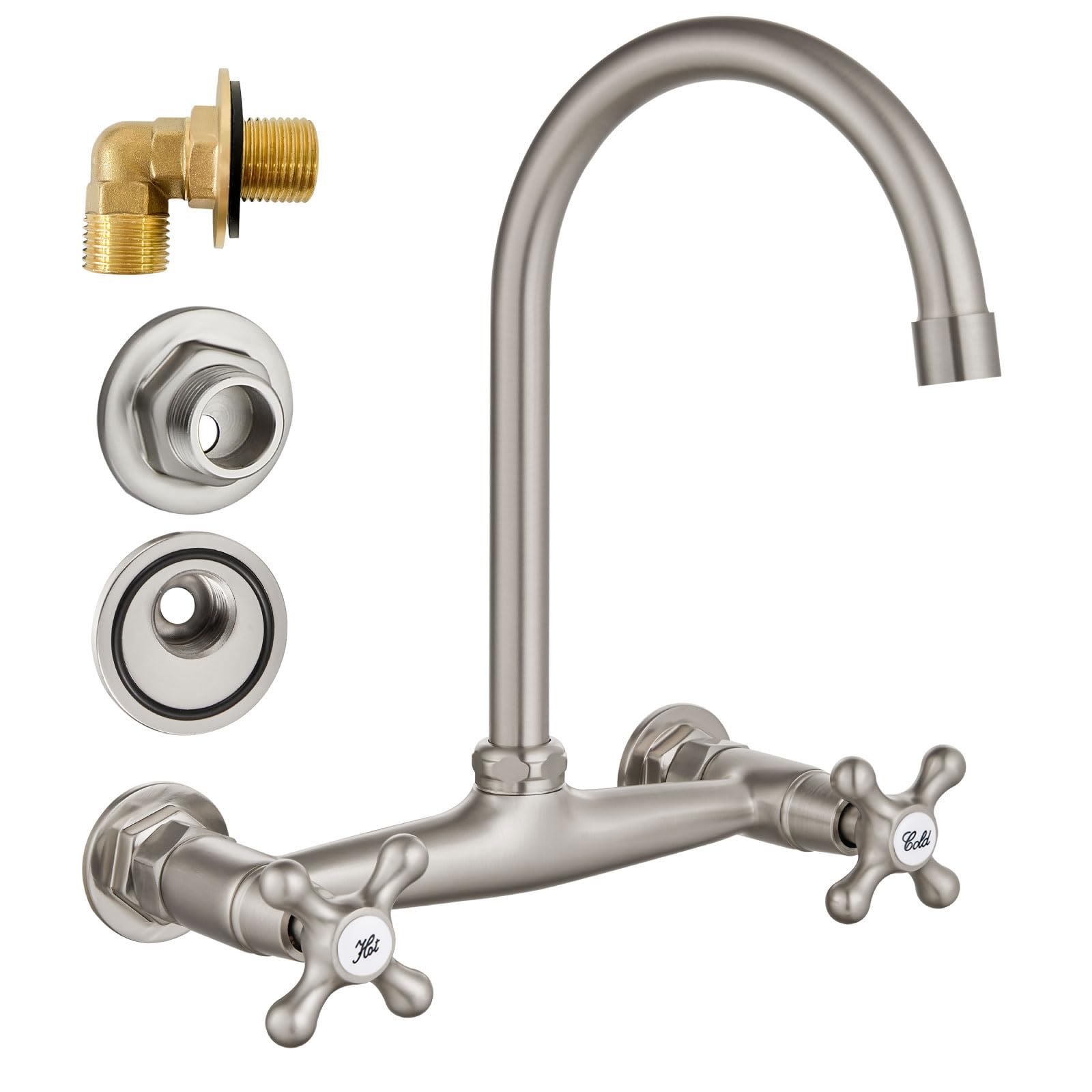Airuida Brushed Nickel Wall Mounted Kitchen Faucet 8 Inch Center Wall Mount Commercial Sink Faucet 360 Degree Swivel Spout Utility Laundry Restaurant Sink Tap With 2 Handles