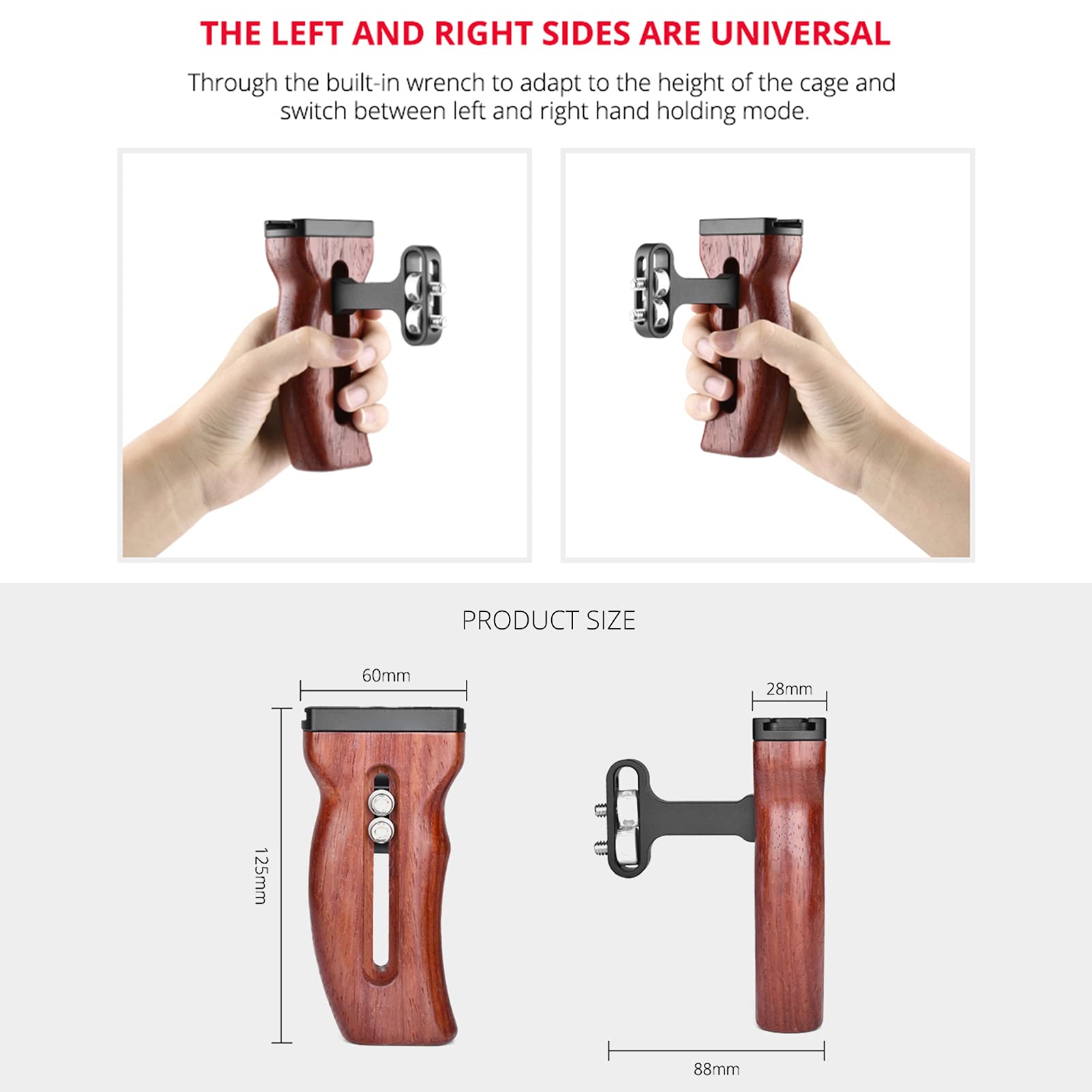 Andoer Universal Camera Cage Wooden Handle Left/Right Side Hand Grip With Cold Shoe Mount 1/4 Inch & 3/8 Inch Screw Holes Video Photography Accessories