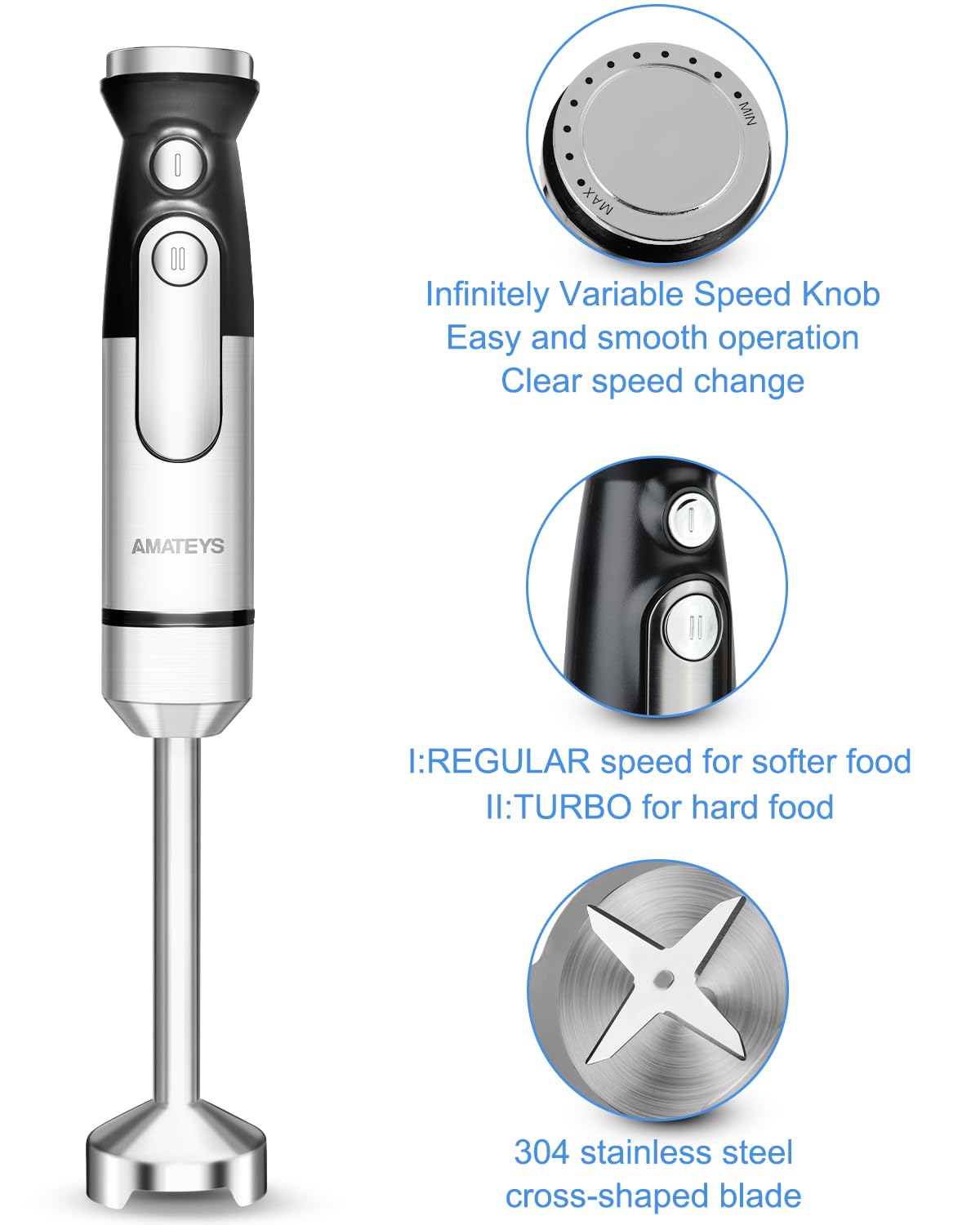 Amateys Handblender With Plug,Immersion Blender Handheld, Heavy-Duty Copper Motor, Detachable Stainless Blade Dishwasher Safe, 2 Modes With Pulse,Infinitely Variable Speed, Space-Saving Design