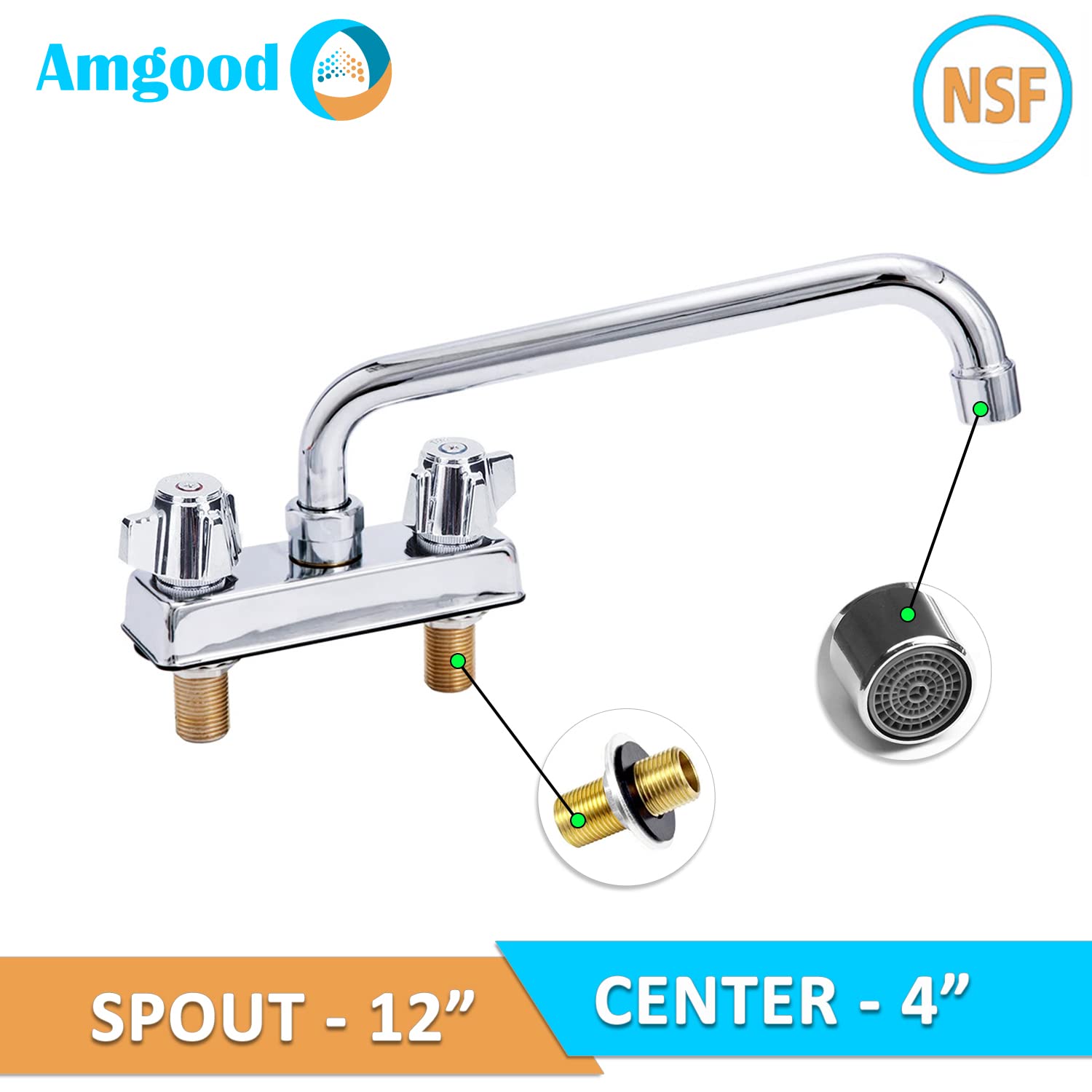 Amgood Deck Mount Kitchen Sink Faucet  12" Swivel Spout  4" Center  Nsf  Commercial Kitchen Utility Laundry