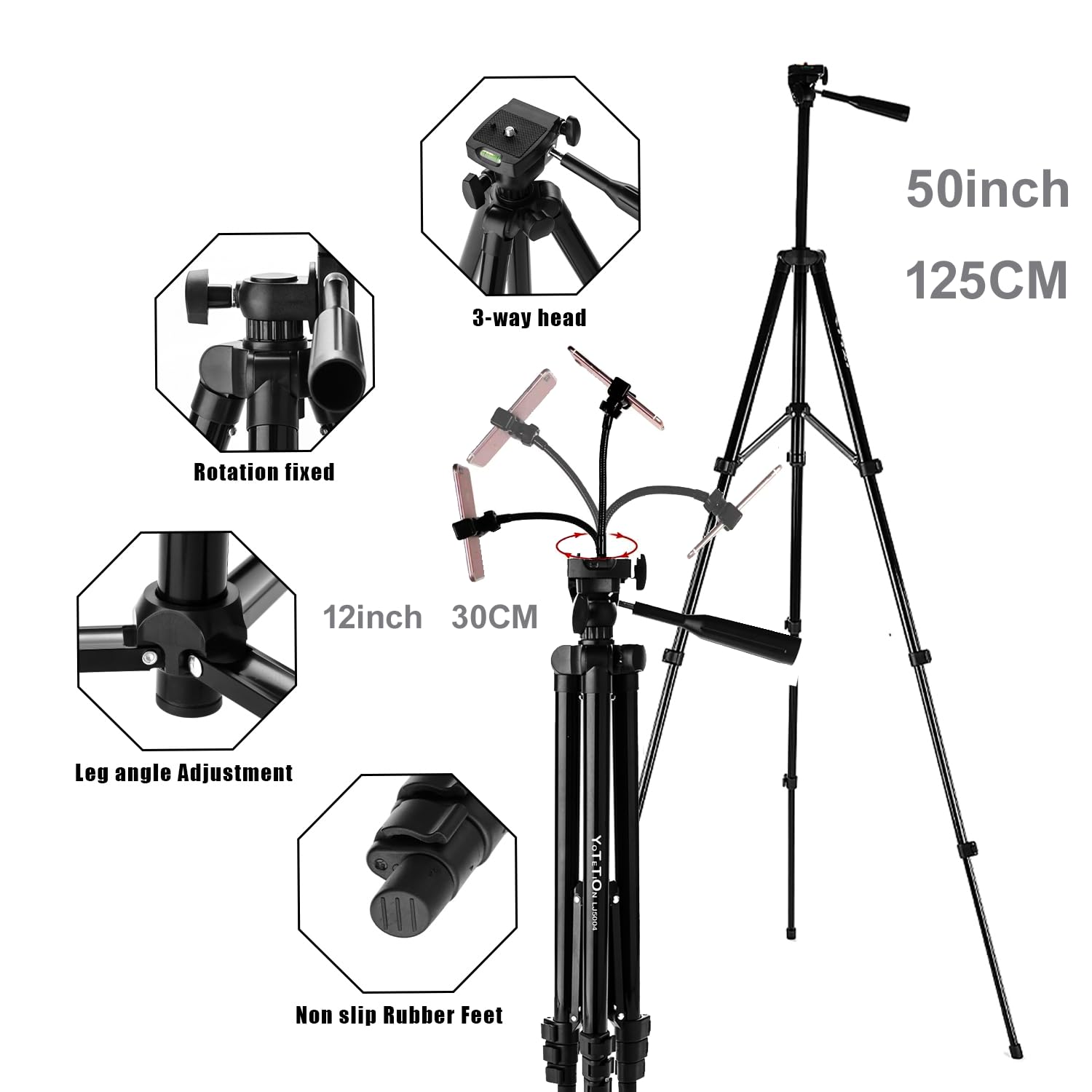 Yotetion 60" Aluminum Phone & Camera Tripod With Gooseneck Stand, Extendable Cell Phone Tripod Stand Compatible With Iphone/Android/Action Camera Is Perfect For Live Streaming/Video Recording/Selfies