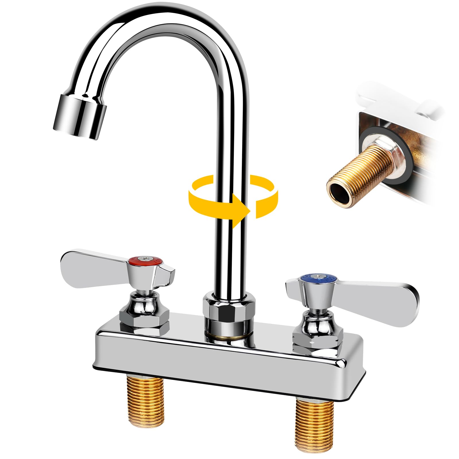 Zkdausdo Commercial Bar Sink Faucet 4 Inch Center Deck Mount, 3-1/2" Gooseneck Swivel Spout Hand Sink Faucet, 2 Hole Brass Constructed & Chrome Polished With Dual Lever Handles