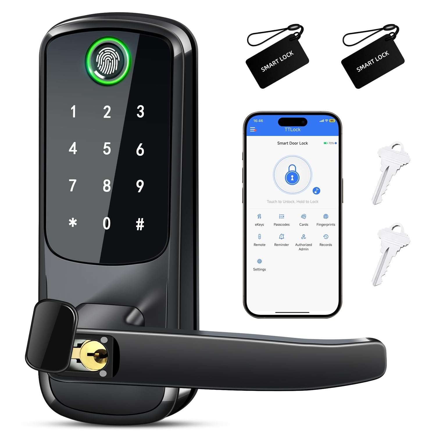 Msr X6 Keypad Smart Door Lock With Handle,Keyless Entry Digital Lock For Front/Interior Door,Fingerprint Electronic Door Knob With App Control,Easy Installation,Smart Locks For Front Door/Bedroom/Office