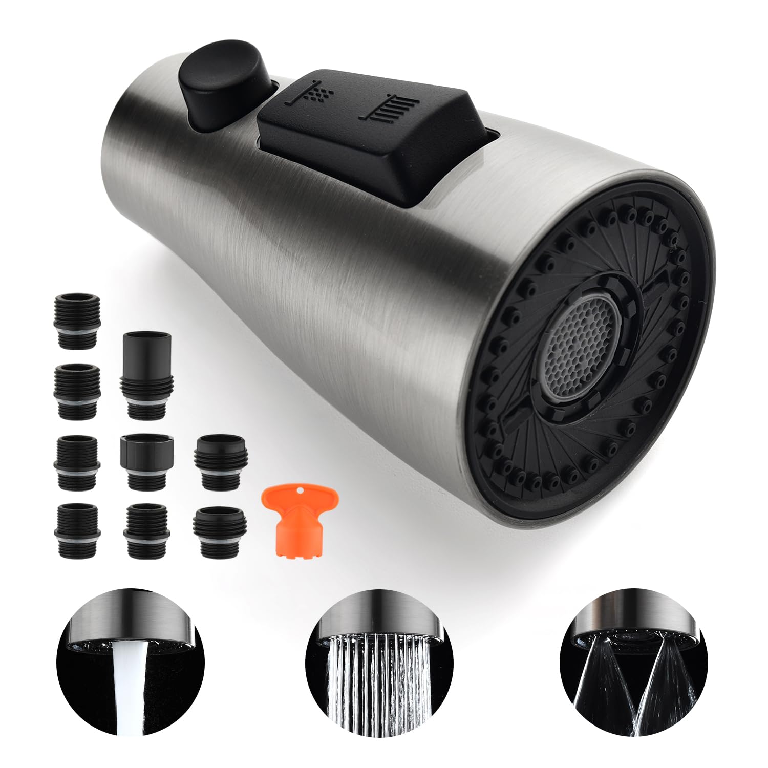 Gordee Kitchen Faucet Sprayer Head Replacement, 3-Function(Stream/Spray/Blade) Sprayer Spout Nozzle W/Check Valve, 1.8 Gpm, 9 Adapters To Fit Most Standards Of Faucets, Brushed Nickel