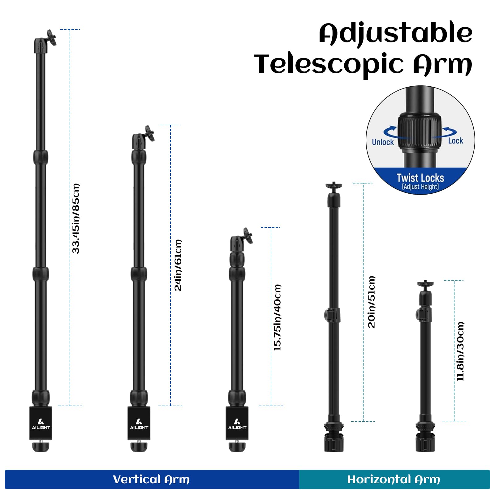 Ailight Overhead Camera Mount Desk Stand, 15.75"-33.45" Webcam Mount With 2-Section Adjustable Telescopic Boom Arm, C Clamp/Swiveling Ball Head For Dslr Camera, Phone, Ring Light, Webcam