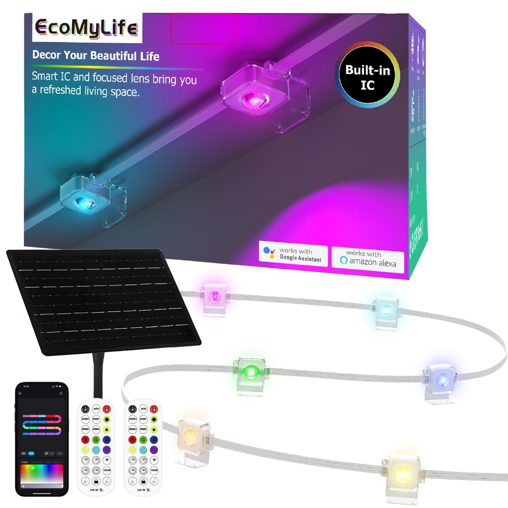 Ecomylife Solar Permanent Outdoor Lights For House, 50Ft Smart Rgb Plus Ic String Light For Outside With 66 Modes, Work With Alexa, Ip67 Waterproof Led Strip Lights For All Holiday Decor (Solar-Powered 50Ft)