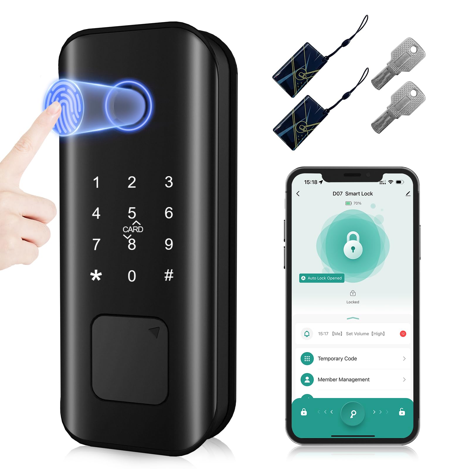 Dinstech Smart Keyless Entry Door Lock With Fingerprint & Touchscreen Keypad, Auto Lock, Bluetooth Control (Black)