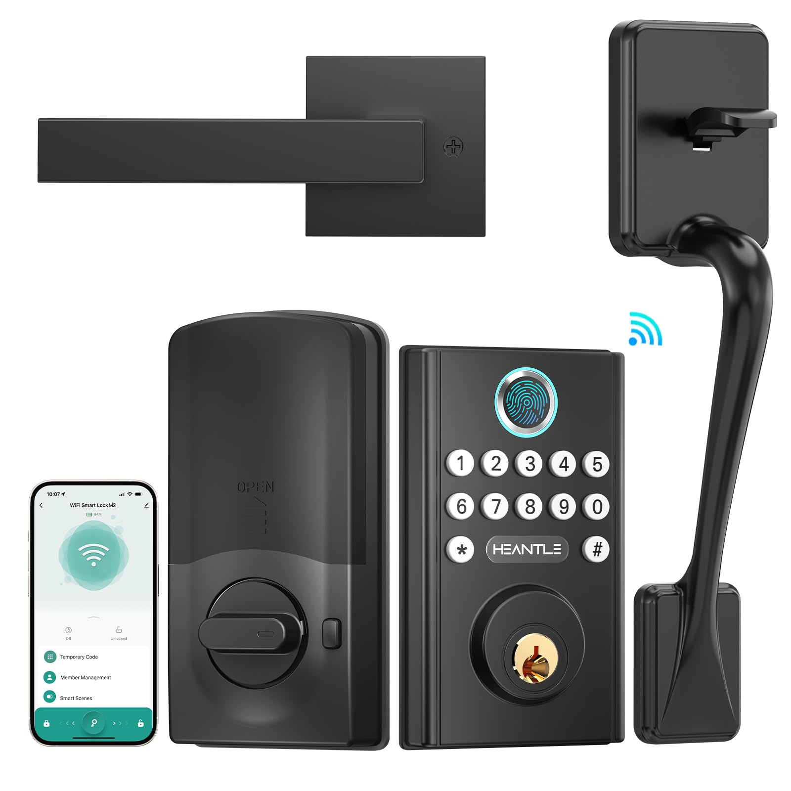 Heantle Wifi Front Door Lock With Handle: Keyless Smart Deadbolt Set Keypad Fingerprint Deadbolt Handleset Alexa Compatible Auto Lock App Remote Control