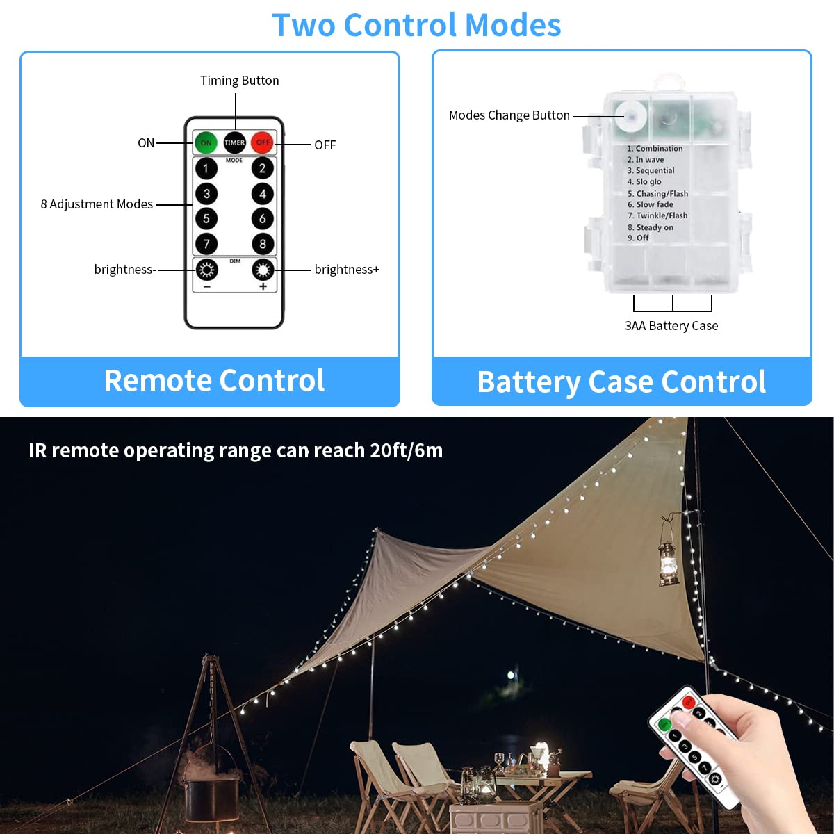 Ryblgled Outdoor String Lights 2 Pack, 66Ft 200Led Battery Operated Waterproof String Lights With Remote, Cool White 8 Modes For Indoor Outdoor Party Wedding Christmas