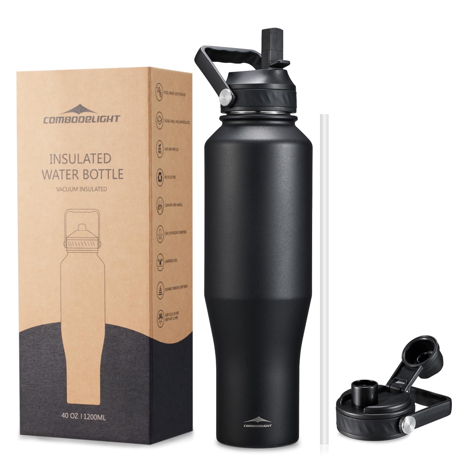 40Oz Insulated Water Bottle Stainless Steel, Double Wall Vacuum Bottles With Straw/Spout Lids