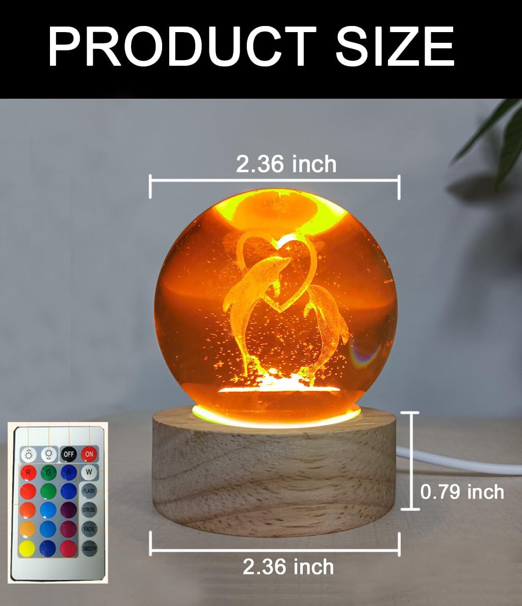 Zabalar 3D Crystal Dolphin Ball Light With Colorful Led Light Base,Heart Dolphin Lamp For Room,Color Changing Animal Table Lamp With Remote,Unique For Kids,Girlfriend,Mother And Friends