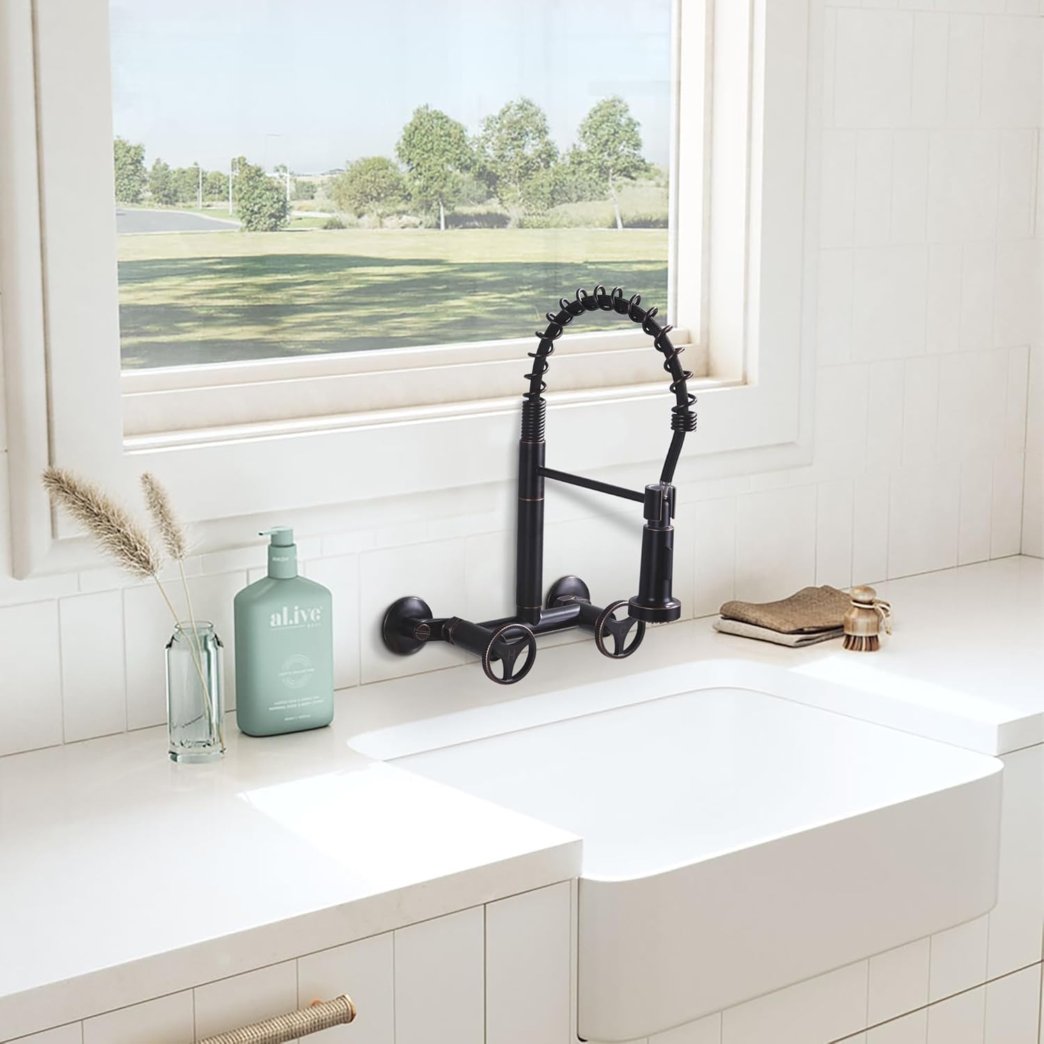 Dolgaba Wall Mount Kitchen Faucets 8 Inch Center 2 Handle Kitchen Sink Faucet, Commercial Sink Faucet With Pull Down Sprayer For Kitchen Laundry, Oil Rubbed Bronze
