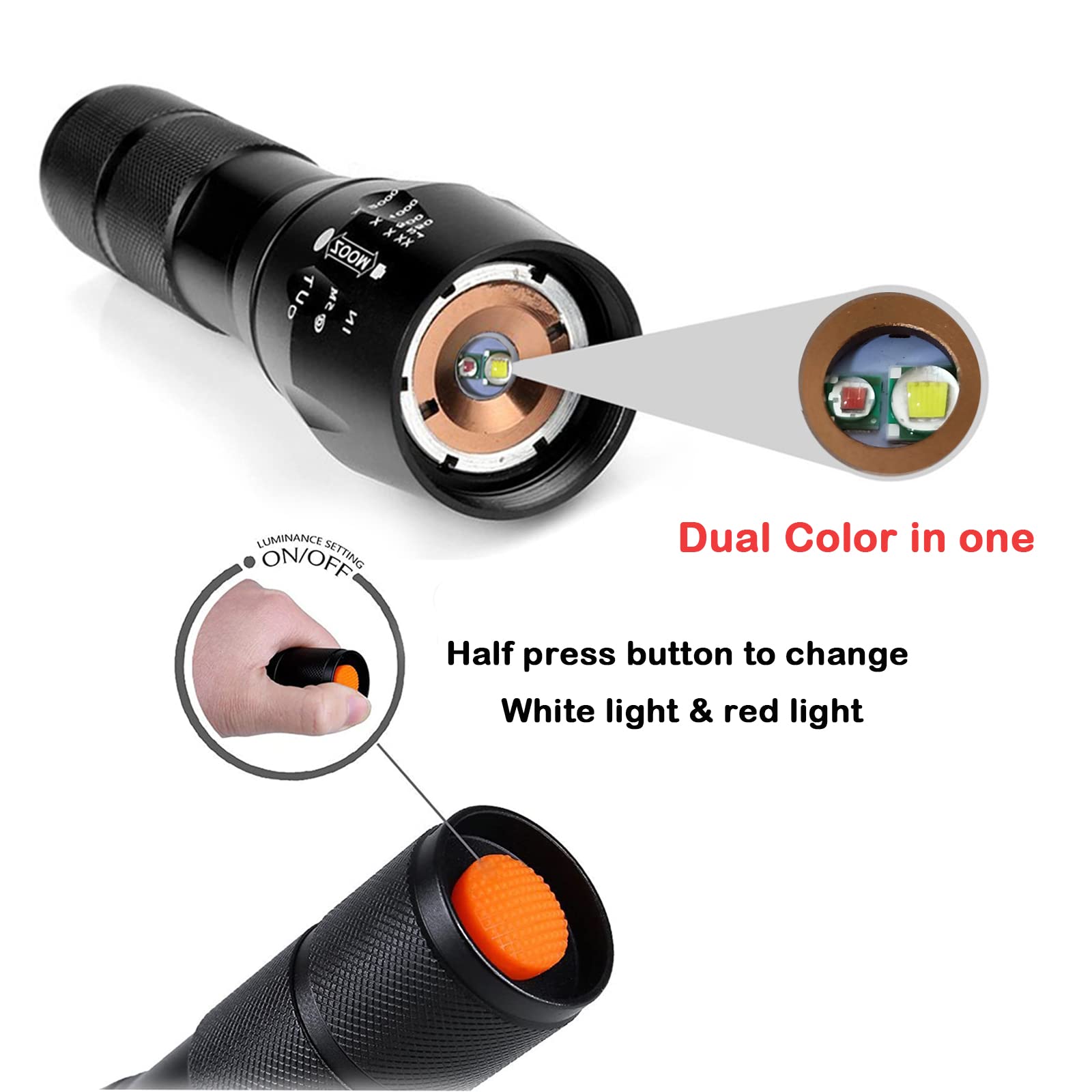 Souyos Red Flashlight Powerful White & Red Light, Zoom Feature, Compact Waterproof Red Led Torch Perfect For Hunting,Camping,Astronomy, 2 Pack