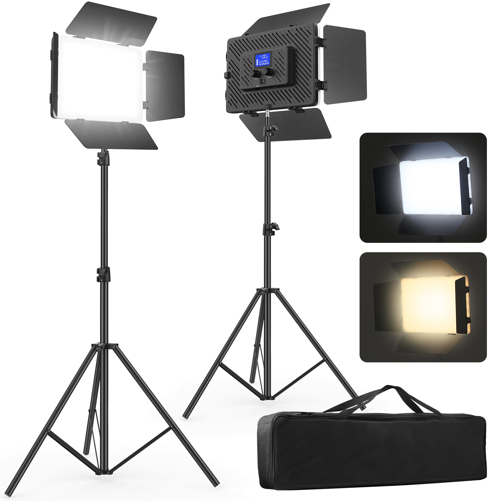 Unicucp 2 Pack Led Video Light Panel Kit With Barn Doors, 8000Mah Rechargeable Camera Light With 79'' Tripod Stand, Photo Light For Outdoor Indoor Photography Live Streaming Video Recording