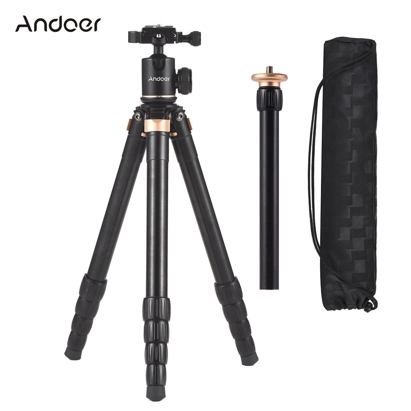 Andoer Portable Camera Tripod Stand Aluminum Alloy 360° Rotating Ball Head 5Kg Load Capacity 150Cm Max Height With Detachable 2 Section Carry Bag