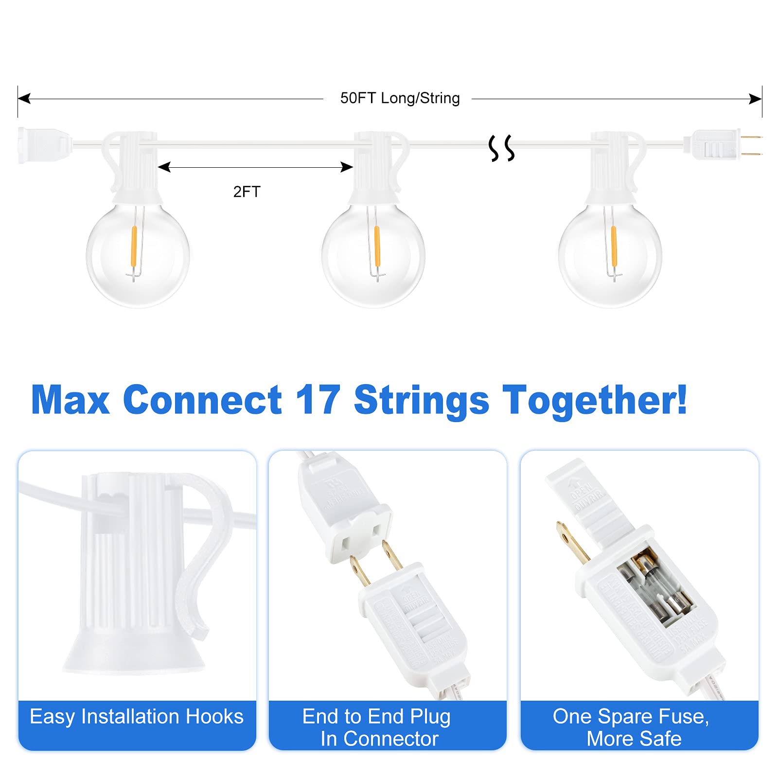 Bosceos 100Ft 2-Pack Outdoor G40 Led Globe String Lights Dimmable Shatterproof Waterproof Light Strings With 52 Bulbs Connectable Commercial Hanging Lights For Patio Balcony Backyard Party (White Wire)