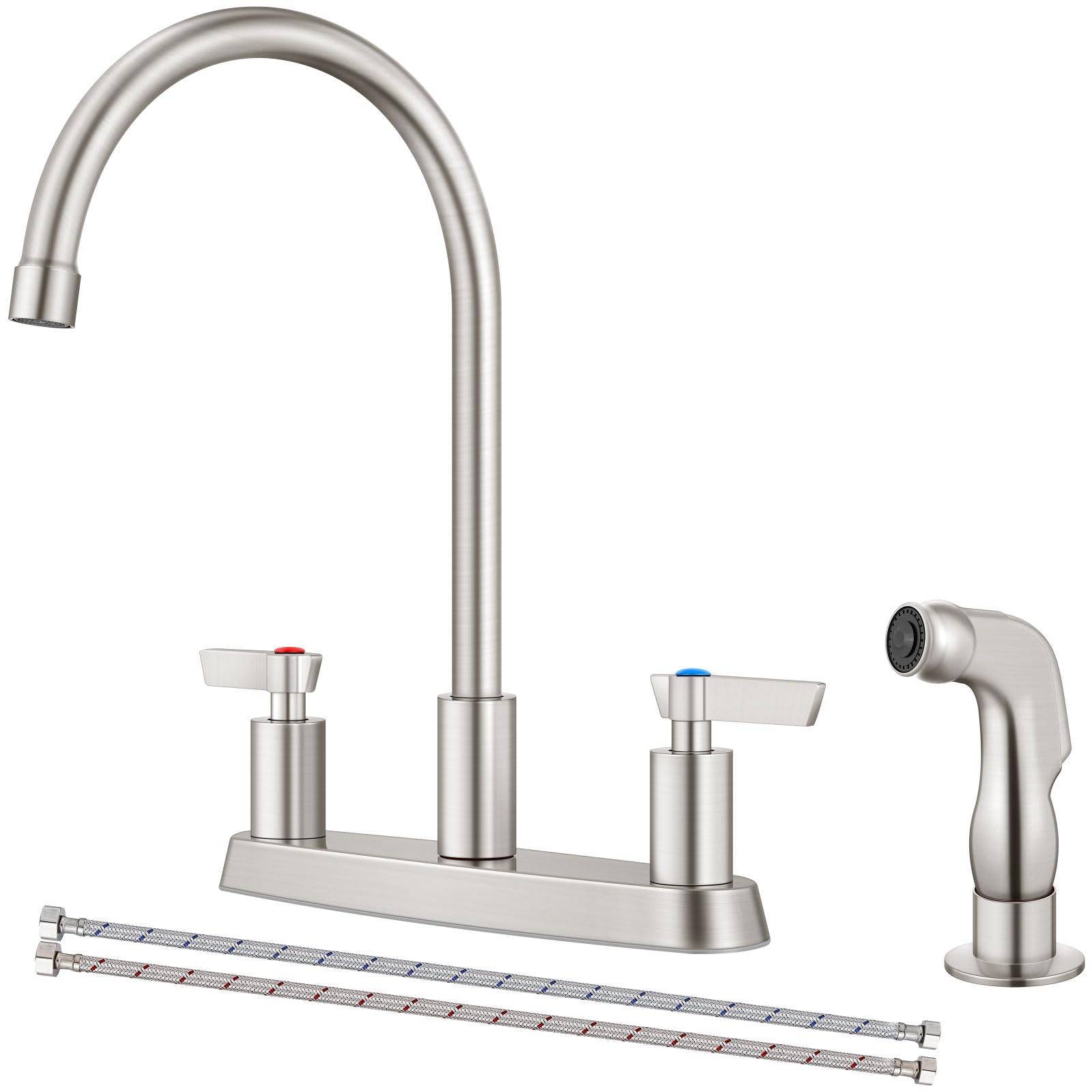 Gbbne Kitchen Faucet With Sprayer 2 Handle Kitchen Sink Faucets 8 Inch Centerset 3 Hole With Supply Lines Brushed Nickel