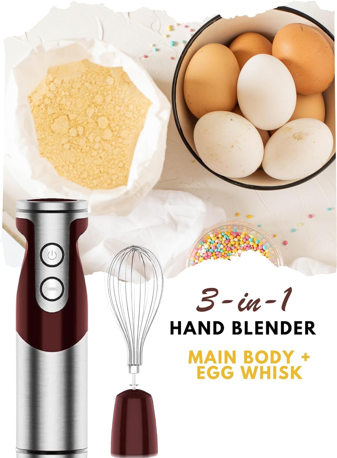 Megawise 3-In-1 Hand Blender Set With Variable Speed Control, 400W Immersion Blender Includes Whisk, Milk Frother, Chopper, And Beaker For Smoothies, Soups, And Baby Food (Red)