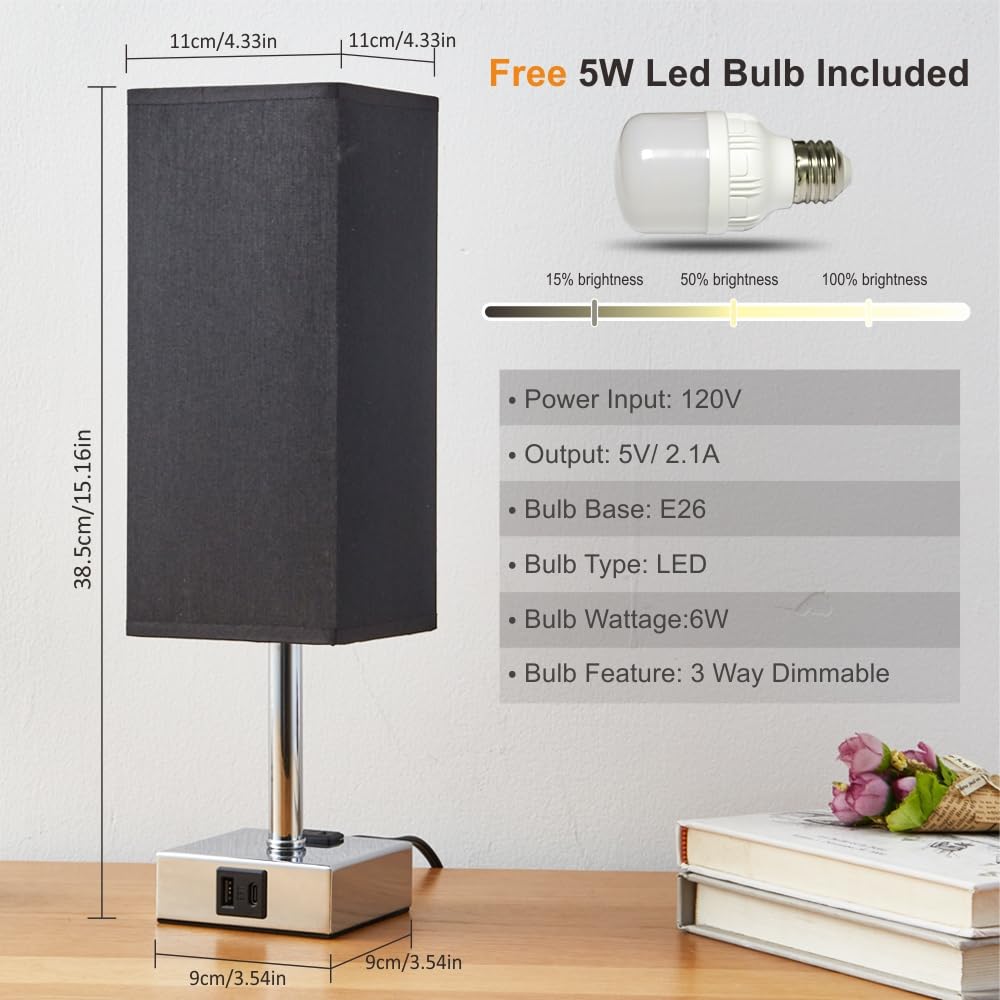 Lifeholder Square Touch Dimmable Usb Lamp With Fabric Shade, Built-In Usb & Type C Ports & Ac Outlet - Bedside Lamp Idea For Bedroom, Black
