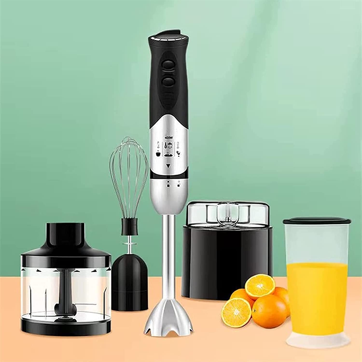 Kaabeto Multifunction Immersion Hand Blender, 6-In-1-Speed Stick Blender With 500Ml Food Grinder, Bpa-, 600Ml Container,Milk Frother,Egg Whisk,Puree Infant Food, Smoothies, Sauces And Soups
