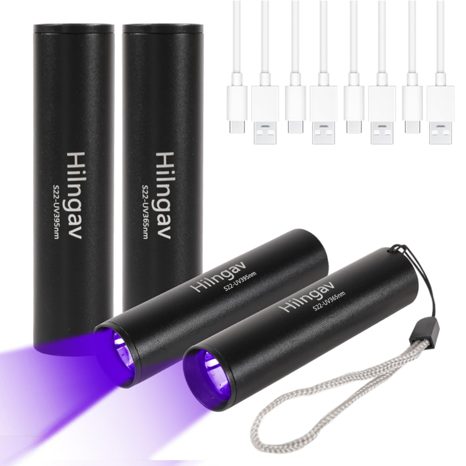 Hilngav 4 Pack Flashlight Uv Black Light 365 Nm 395 Nm, Mini Usb C Led Rechargeable Torch For Pet Dog Urine, Resin Curing, Fluorescent Agent, Stains Detection