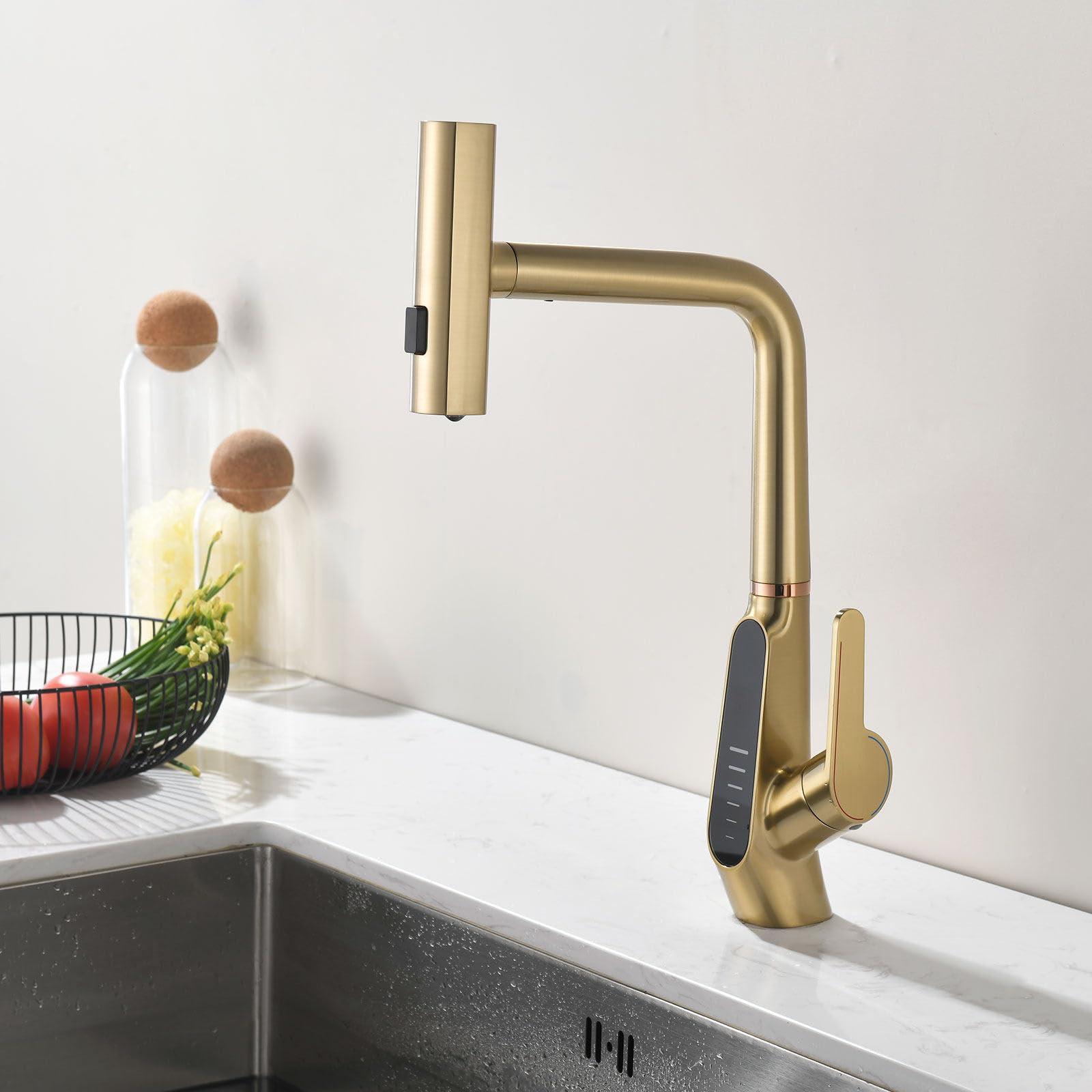 Beith Waterfall Kitchen Sink Mixer Taps With Pull Out Sprayer, 3 Modes Kitchen Sink Faucet, 360° Rotation, Digital Display, Single Lever Kitchen Tap, 59A Copper, Anti-Corrosion, Durable