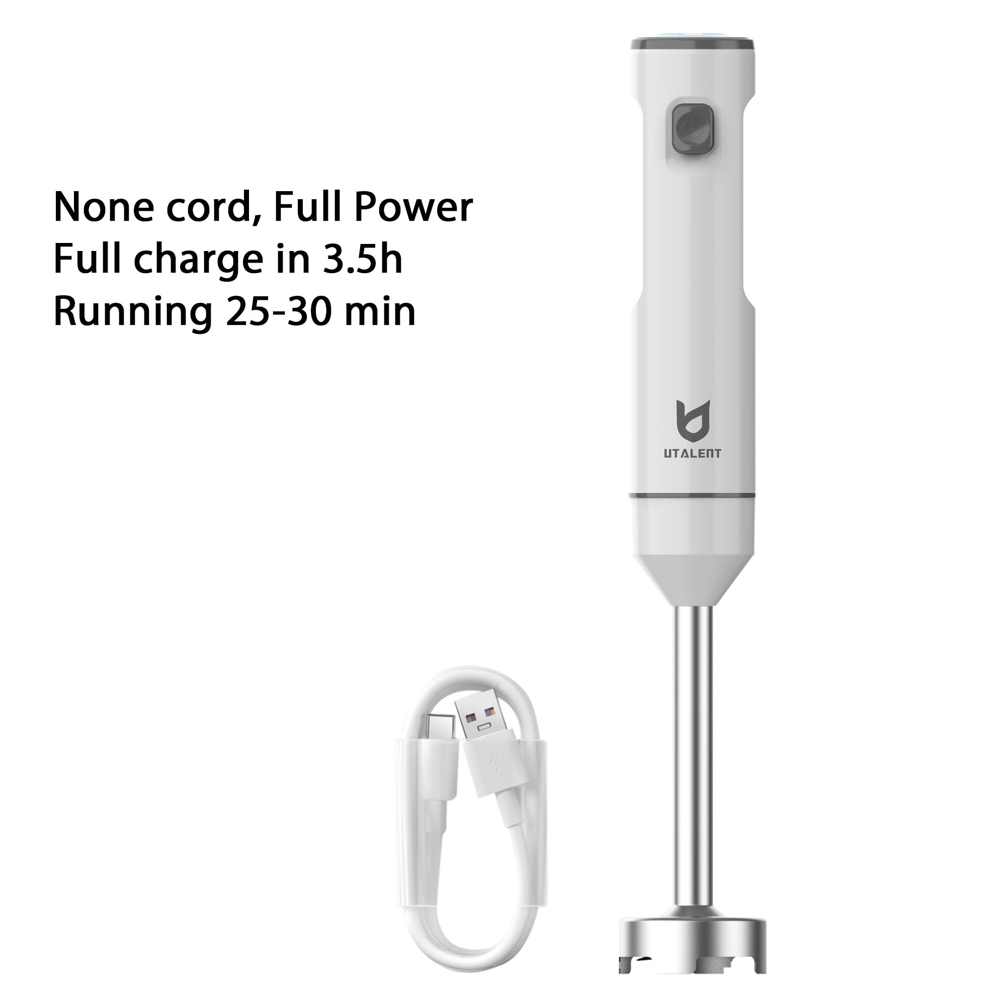 Utalent Cordless Hand Blender, Variable Speed Immersion Blender Handheld Rechargeable, With Usb-C Charging Cable, Egg Whisk, For Smoothies, Milkshakes, Hummus And Soups – White