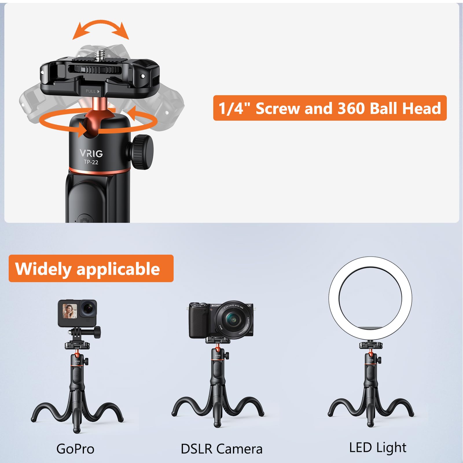 Vrig Select Vrig Flexible Tripod With Remote, Camera Tripod Stand With  Phone Holder W Cold Shoe Mount, 1/4'' Screw For Magic Arm,Universal For Iphone 16 15 14 Pro Max Samsung Canon Nikon Sony Cameras