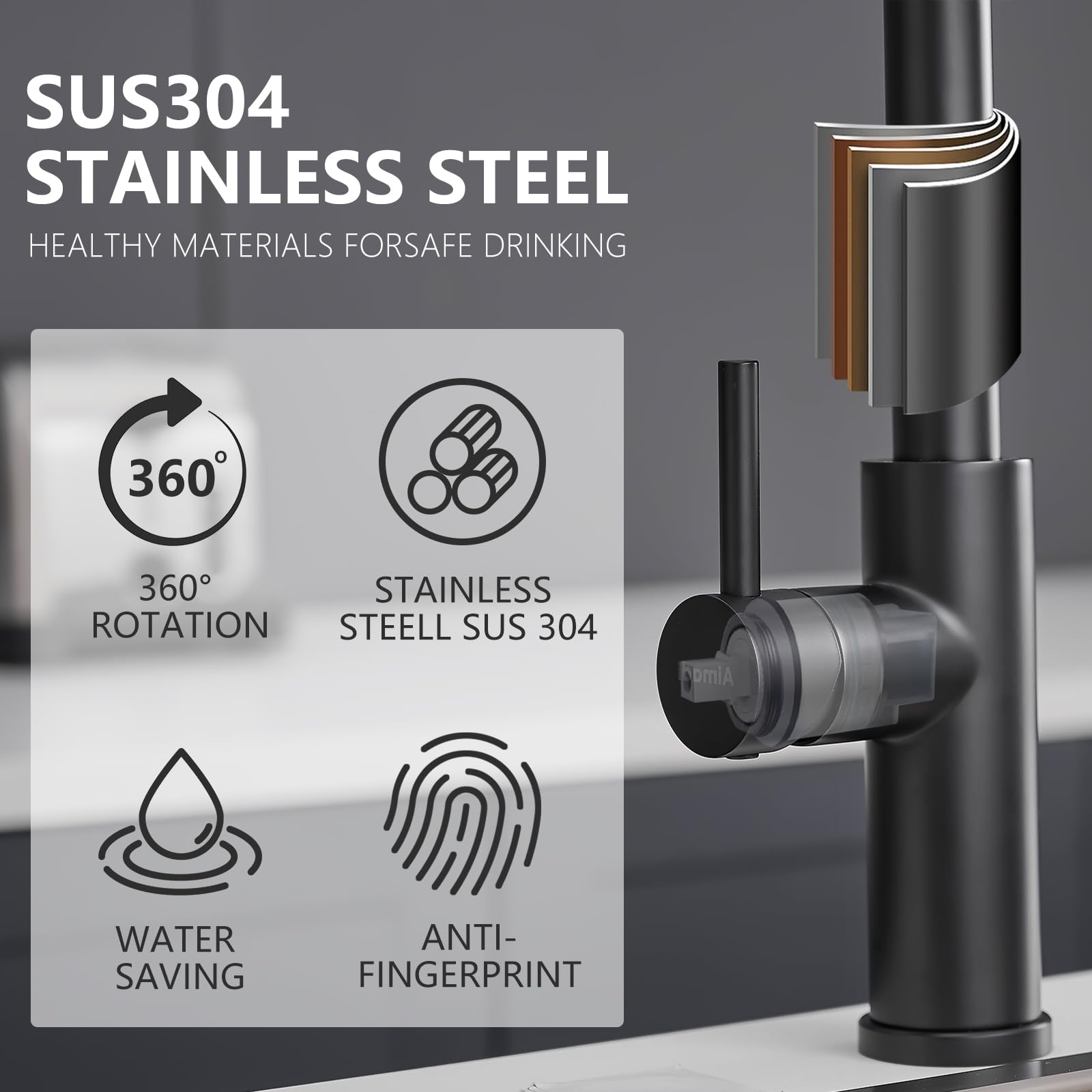 Aimadi Waterfall Kitchen Faucets, Matte Black Kitchen Faucet With Pull Down Sprayer, Modern Single Handle Kitchen Sink Faucet Black, 3-Function Spray