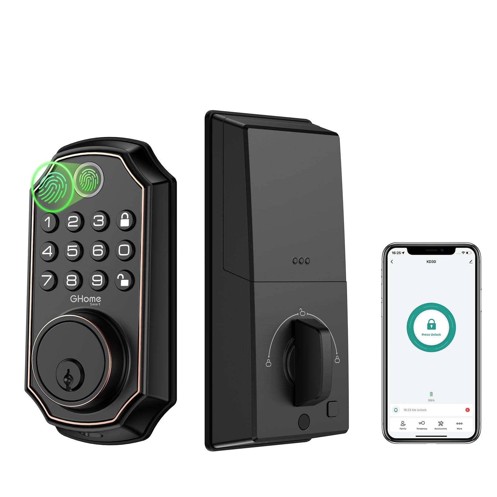 Ghome Smart Door Lock, Palm Vein Smart Locks For Front Door, 5 In 1 Keyless Entry Door Lock, Alexa Control, Auto Lock, Built-In Wifi, Rechargeable Battery, Smart Deadbolt
