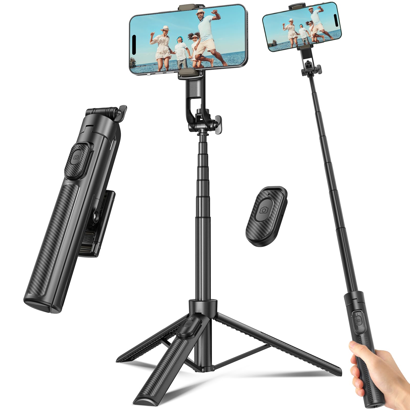 Liphisy Selfie Stick Travel Tripod For Cell Phone With Remote Control And Phone Holder, Extendable Selfie Stick For Iphone, Iphone Tripod For Video Recording, 50 Inch, Black