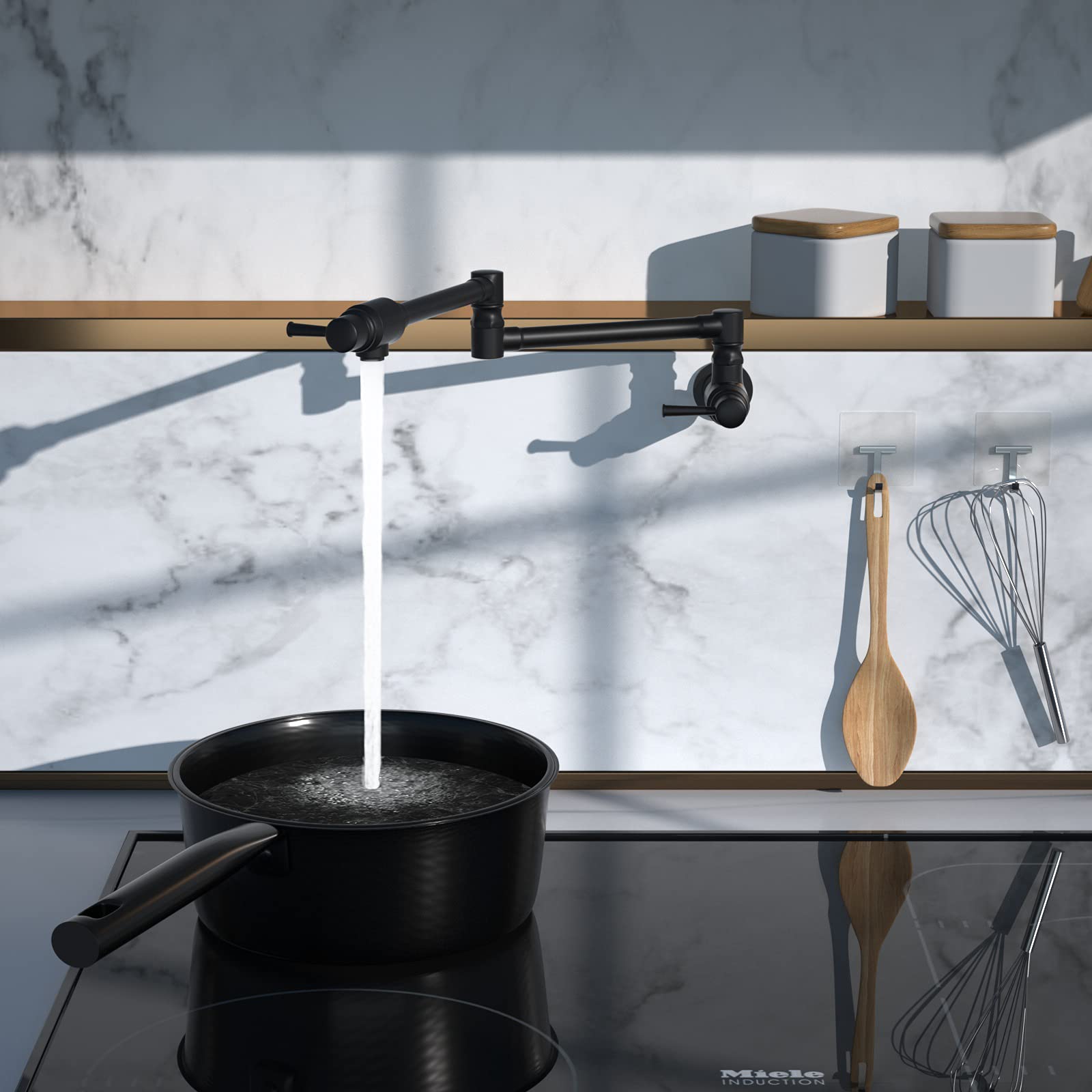 Cwm Bestjeef Matte Black Pot Filler Faucet,Pot Filler Black Folding Faucet,Commercial Wall Mount Stainless Steel Material Stretchable Double Joint Swing Arm With Single Hole Two Handles.