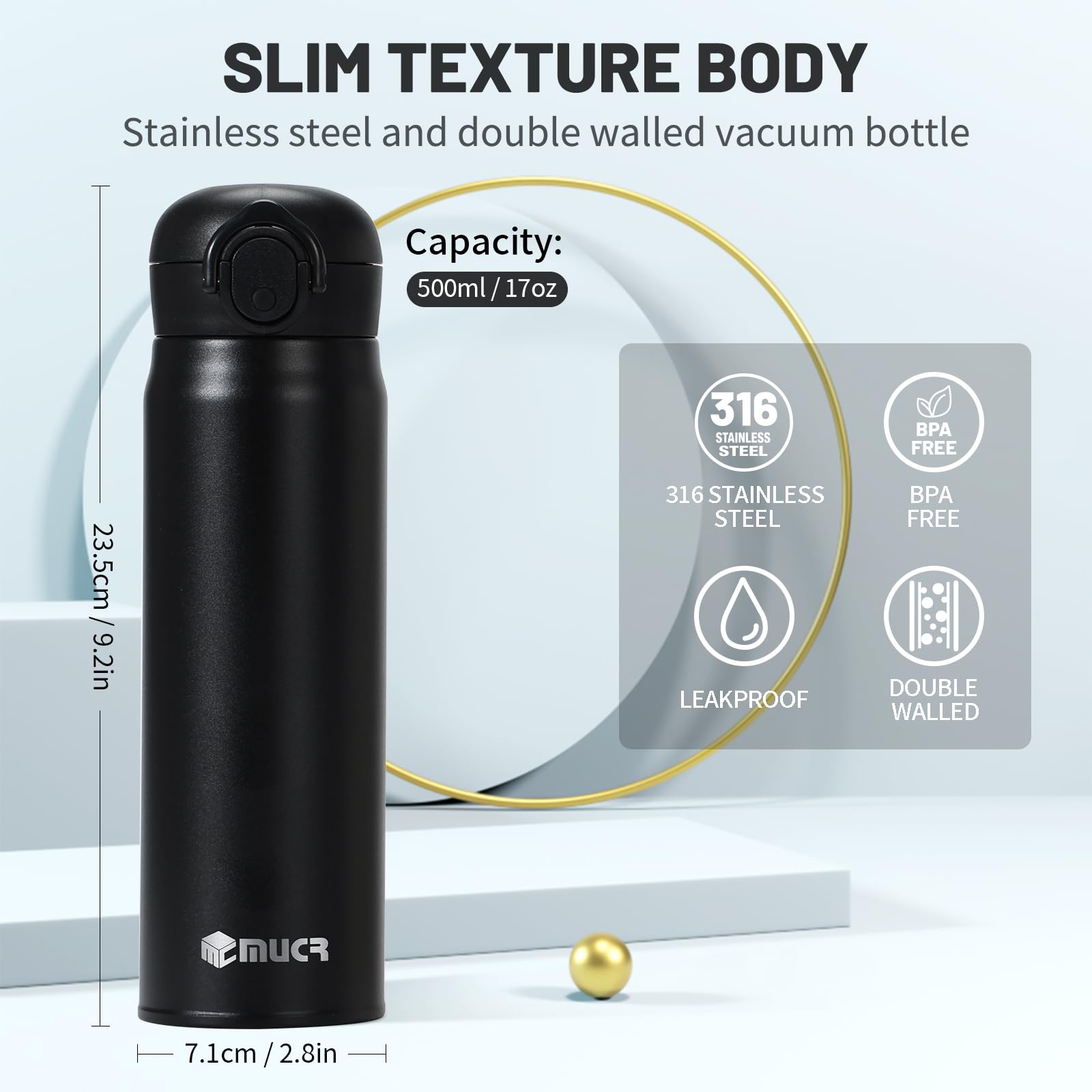 17 Oz / 500 Ml Insulated Water Bottle, Stainless Steel Thermo Coffee Travel Mug, Thermal Cup