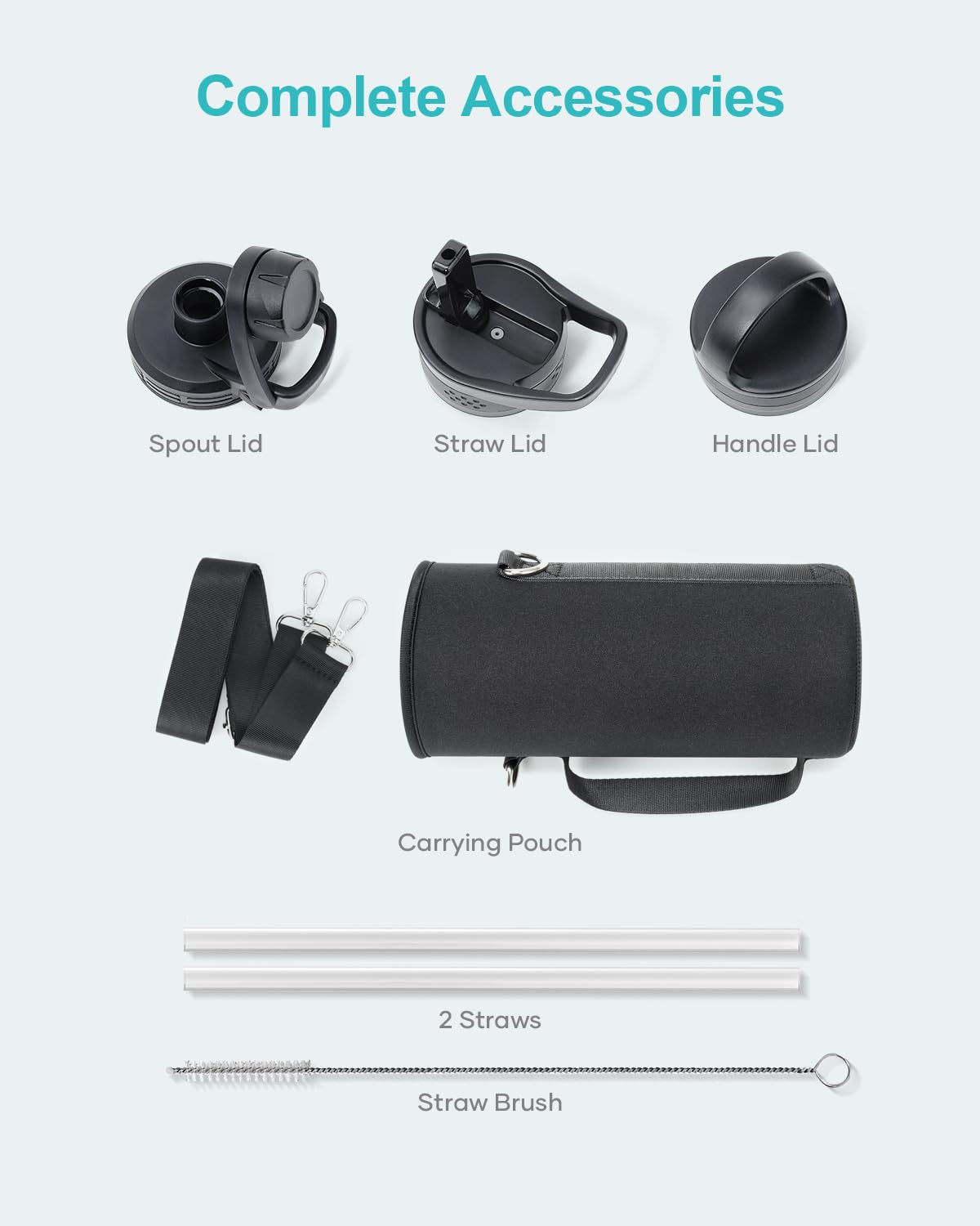 Buzio 40 Oz Water Bottle Insulated With Straw & 3 Lid And Carrying Pouch, Leak Proof Anti-Slip