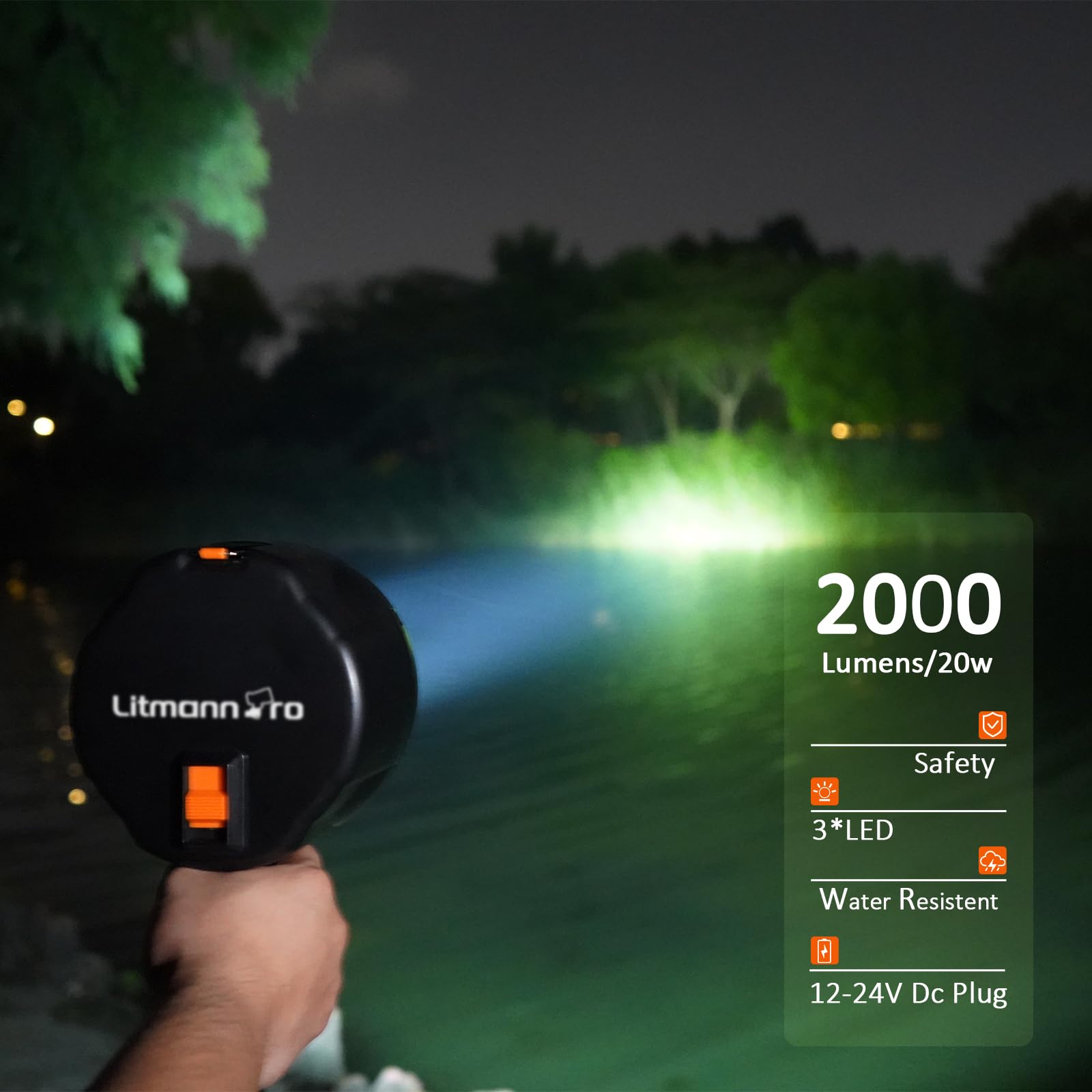Litmann Pro 2000 Lumens Handheld Spotlights Led Flashlight Searchlights With 12V-24V Dc Car Charger Outdoor Floodlight For Camping Fishing Boating Hunting Hiking