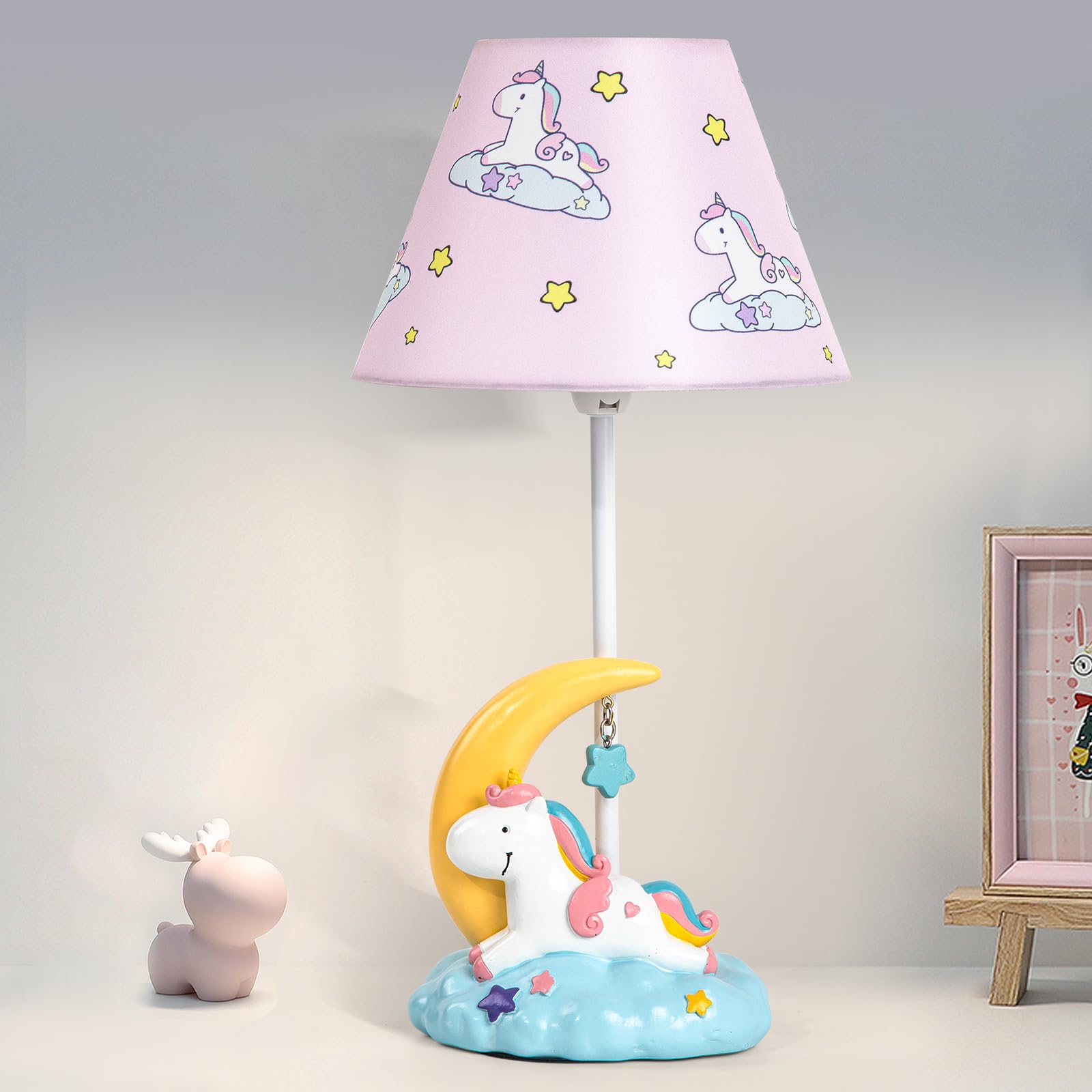 Herbestbay Kids Table Lamp, Adorable Moon Unicorn Style Desk Lamp, 16 Inch Pink Bedside Lamp Ideal For Girls Bedroom Decor, Includes Led Bulb