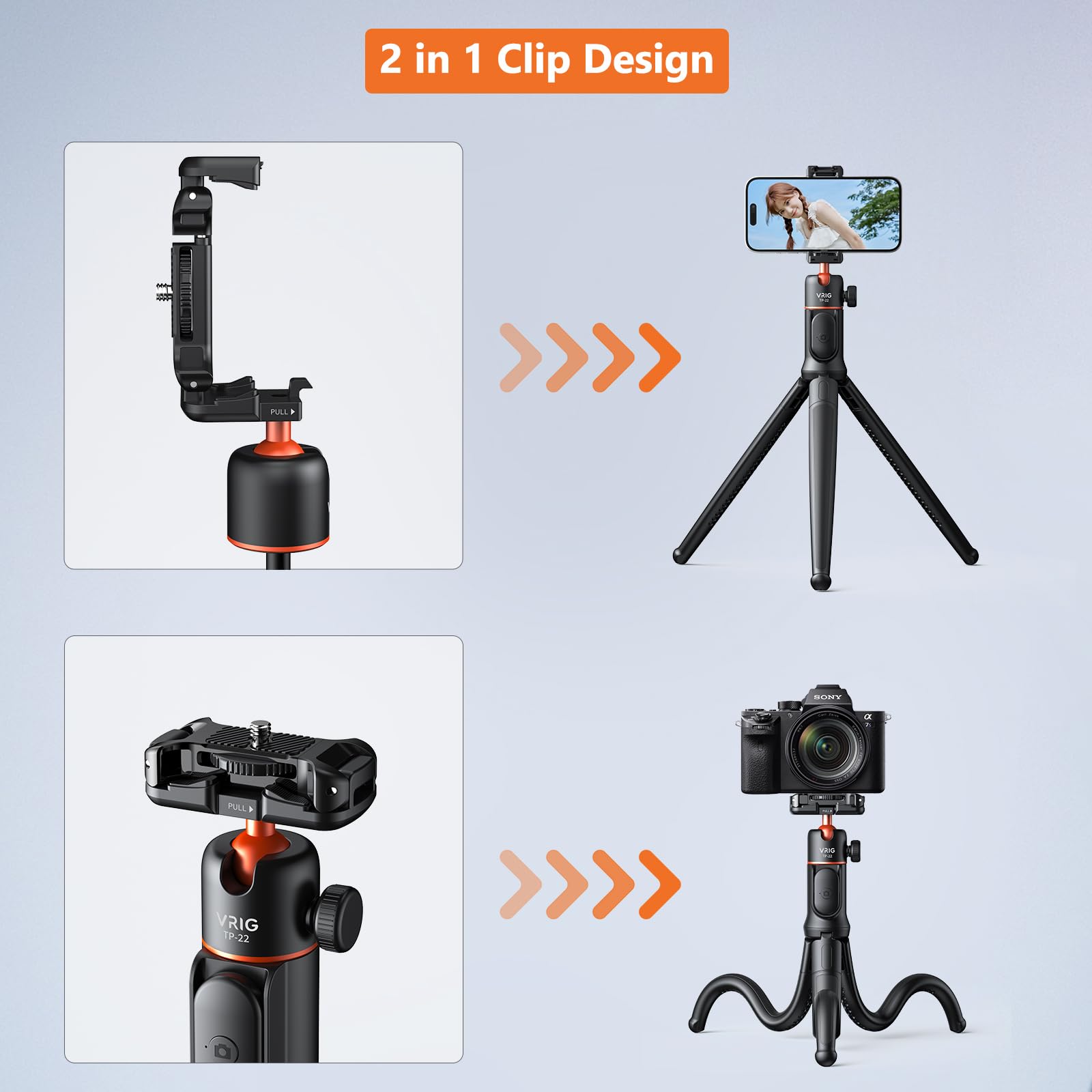 Vrig Select Vrig Flexible Tripod With Remote, Camera Tripod Stand With  Phone Holder W Cold Shoe Mount, 1/4'' Screw For Magic Arm,Universal For Iphone 16 15 14 Pro Max Samsung Canon Nikon Sony Cameras