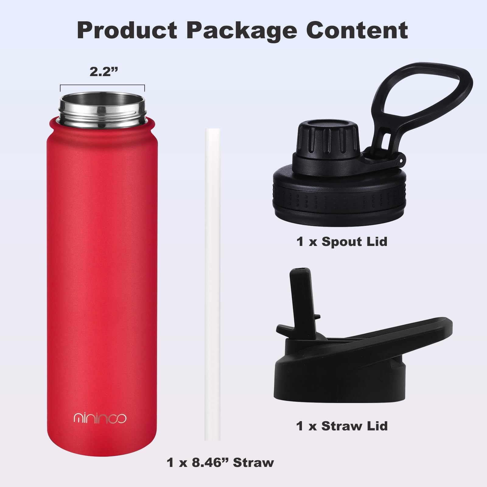 Mininoo 24 Oz Insulated Water Bottle With Straw, Stainless Steel Double Wall Vacuum Thermos