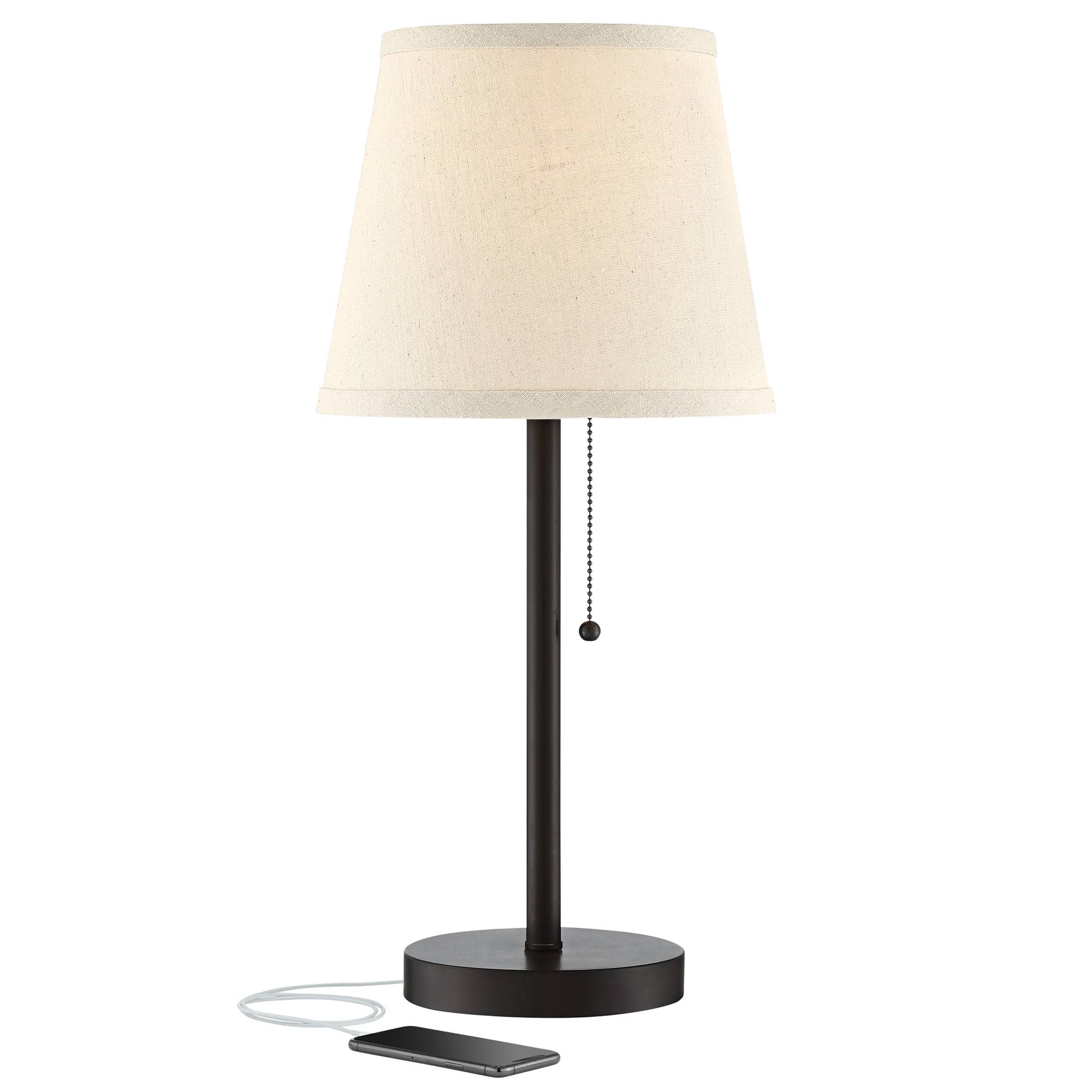 360 Lighting Flesner Modern Desk Table Lamp With Hotel Style Usb And Ac Power Outlet In Base 20" High Bronze Metal Oatmeal Drum Shade For Living Room Bedroom House Bedside Nightstand Home