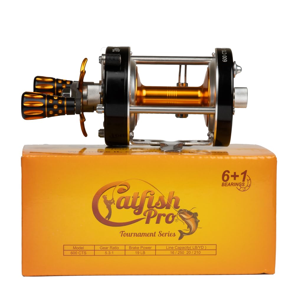 Catfish Pro Tournament Series 600Cts Round Baitcasting Reel - 6+1 Stainless Steel Ball Bearings, 5.3:1 Gear Ratio, 19Lb Drag, Brass Gears, Centrifugal Brake, Durable & Powerful For Big Catfish Fishing