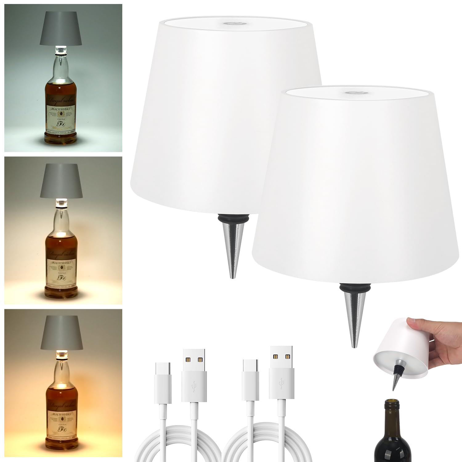 Eogow Wireless Bottle Lamp Set Of 2, Portable Led Wireless Bottle Lamp With 3 Color Dimming, Rechargeable Wine Bottle Light Head, Touch Table Lamp For Bedroom Bar Restaurant Christmas (Modern White)