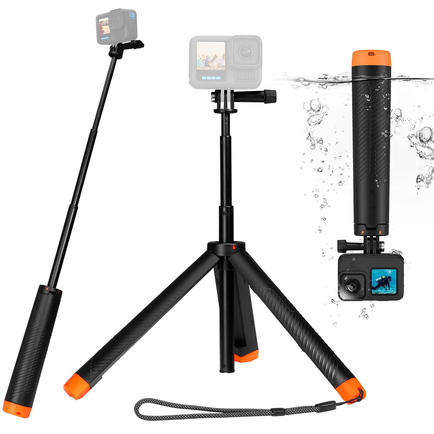 Auykoo Waterproof Selfie Stick Floating Hand Grip Tripod, Extension Monopod Pole Floating Tripod,For Go Pro Hero 13, 12, 11, 10, 9, 8, Dji Osmo Action 5 Pro 4/3,Insta360 Ace,Most Action
