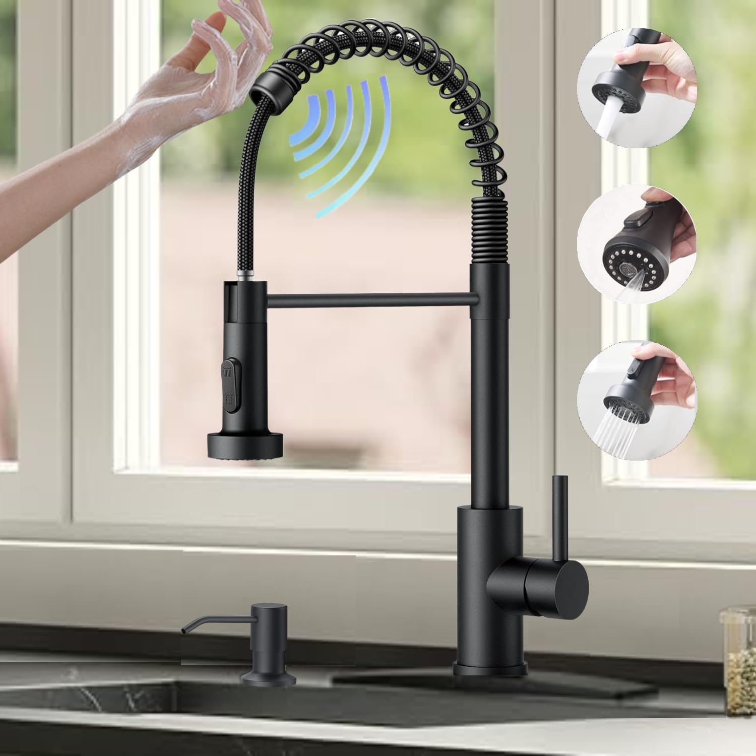 Videc Touch On Kitchen Faucet, 3 Modes Pull Down Sprayer, Smart Touch On Sensor Activated, Ceramic Disc Valve, 360-Degree Rotation, 1 Or 3 Hole Deck Plate. 20-Year Warrenty. (Kw-66Nr, Brushed Black)
