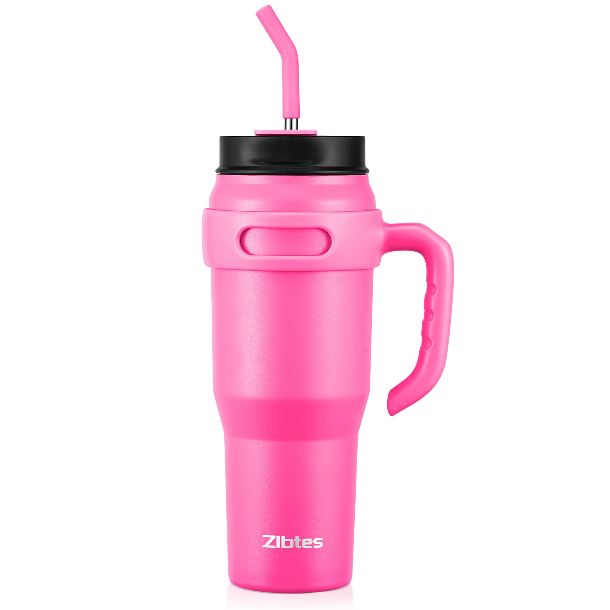 Zibtes 40 Oz Insulated Tumbler With Handle And Straws Lid, Stainless Steel Travel Coffee Cup Holder