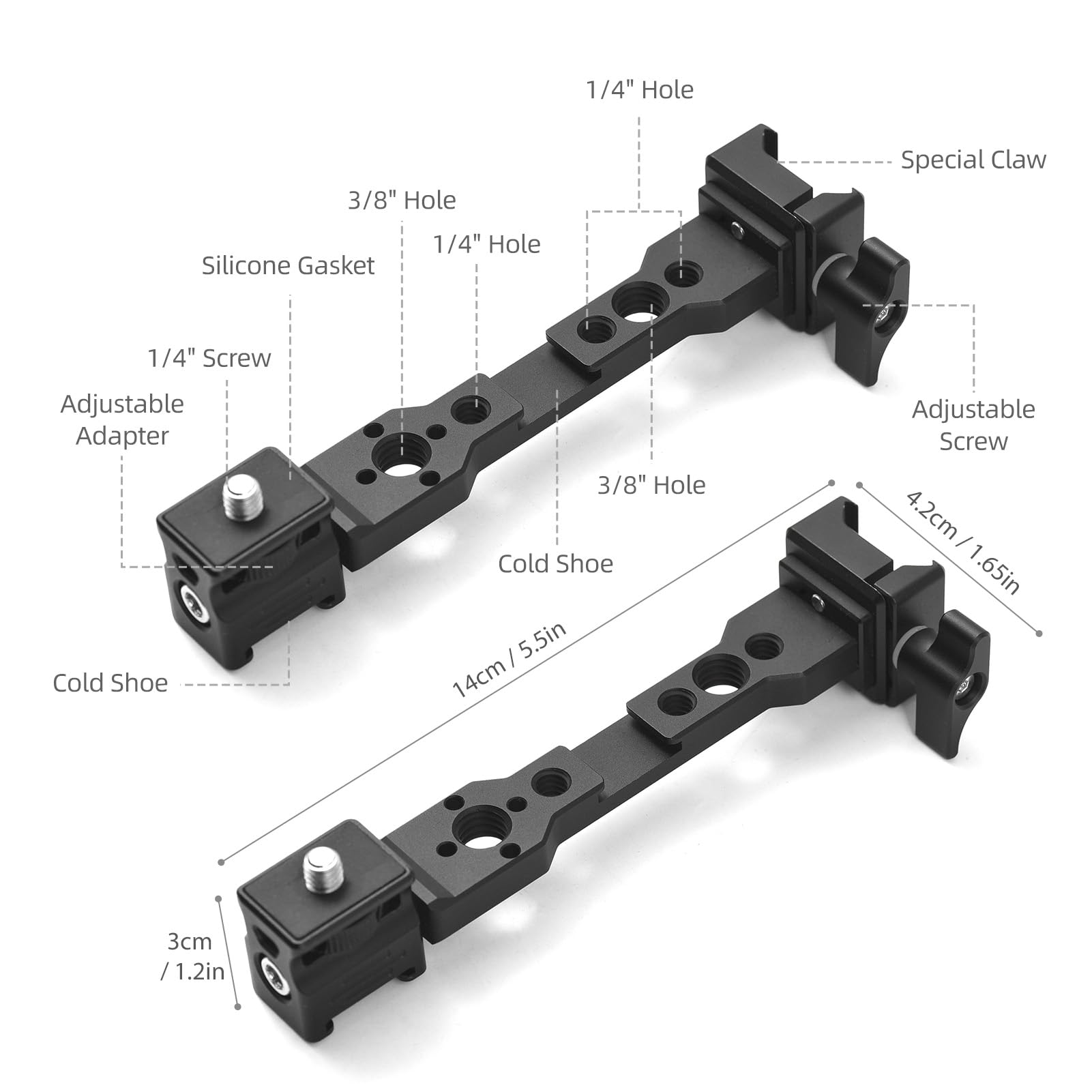 Andoer Gimbal Extension Bars Aluminium Alloy Holder Accessory For Hand Stabilizers With Numerous 1/4 Inch And 3/8 Inch Thread Holes, 2 Cold Shoe Mounts And 1/4 Inch Screw