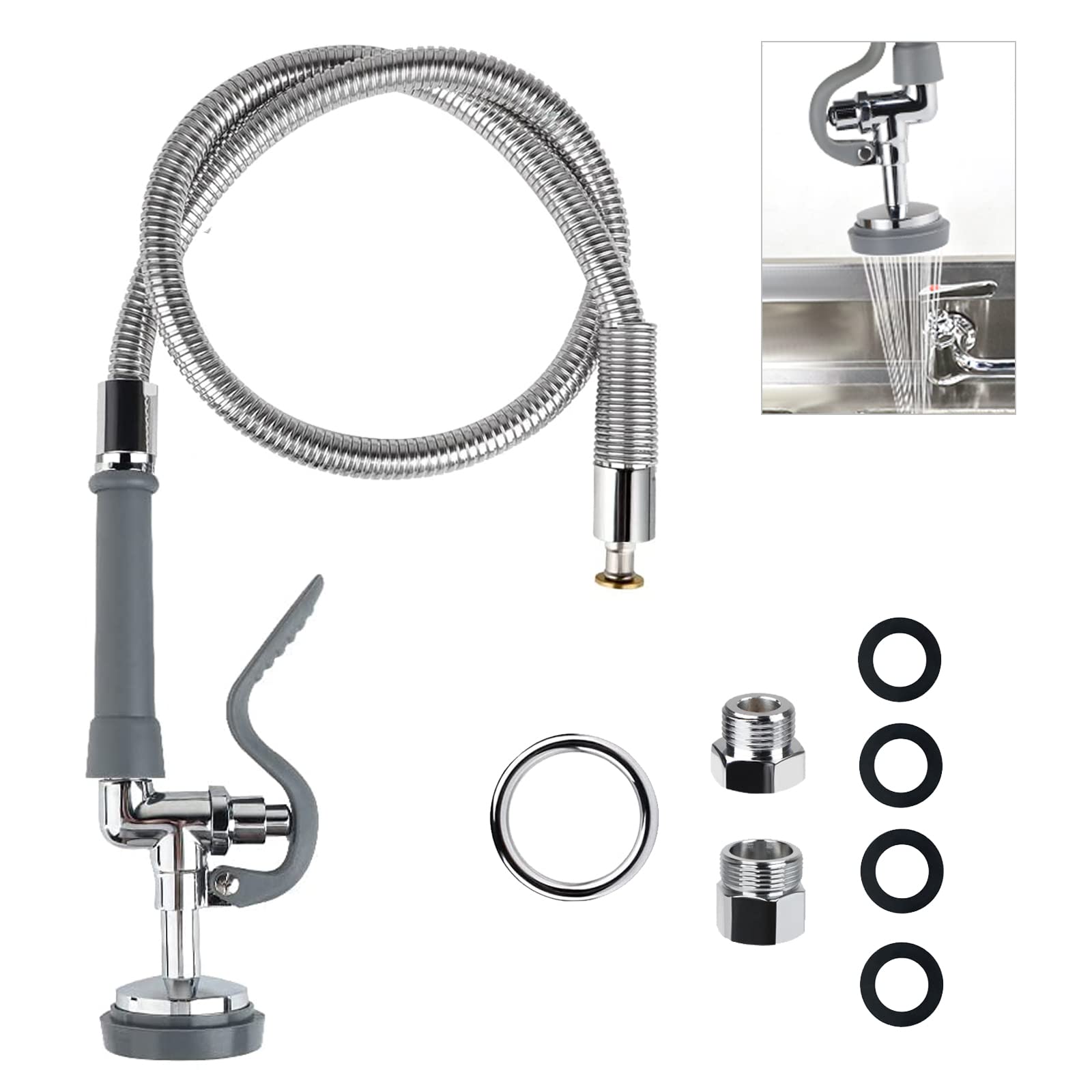 Kanoney Commercial Sink Sprayer With 45" Flexible Stainless Steel Hose, Pre-Rinse Dish Spray Valve Replacement Kit Assembly Sprayer Nozzle Head For Industrial Restaurant Kitchen Faucets, Gray