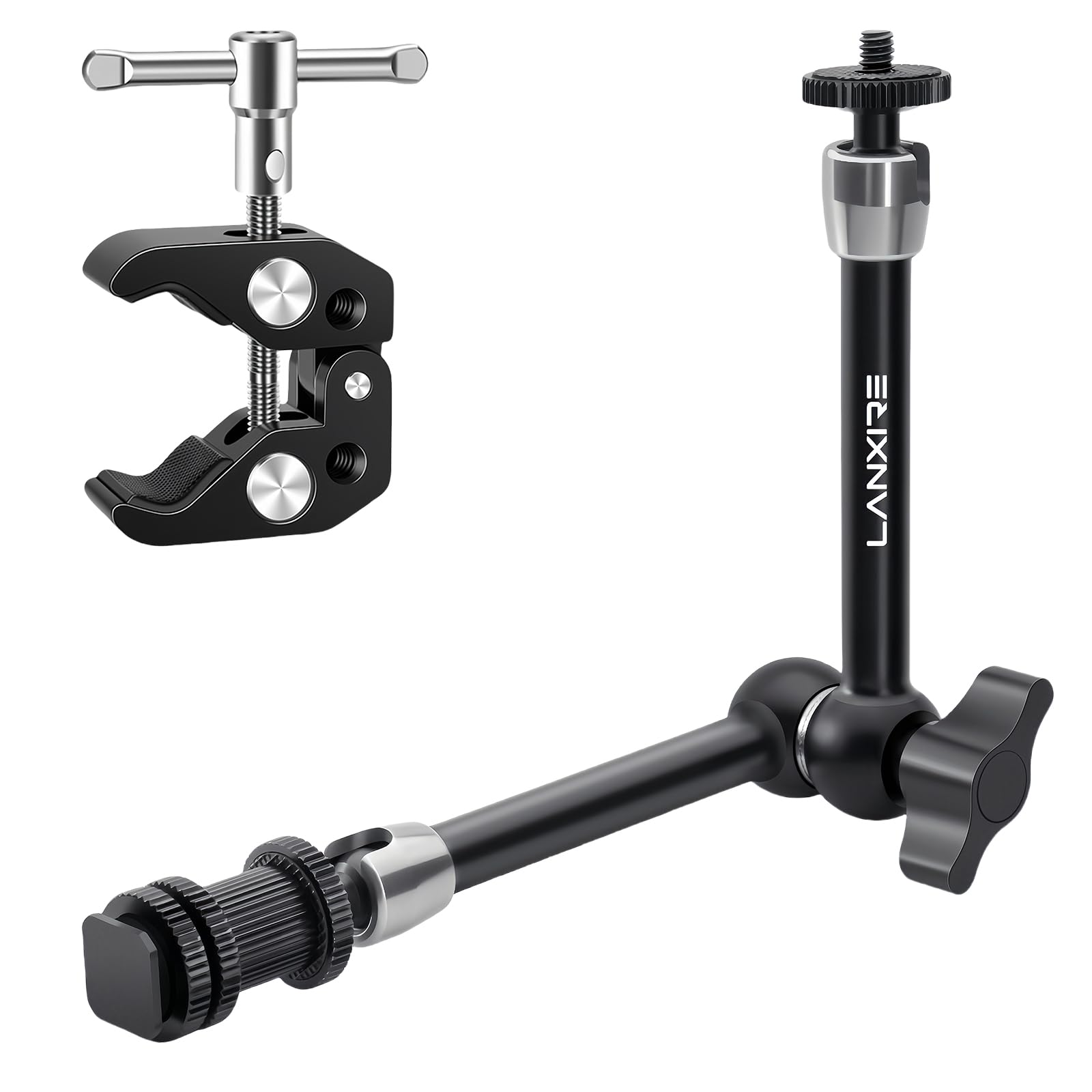 Lanxire Super Clamp And 11'' Adjustable Friction Articulating Magic Arm For Universal Camera Cage/Rig, Monitor, Microphone - 5 X 1/4'' And 1 X 3/8'' Thread - Max Load 4.4Lb